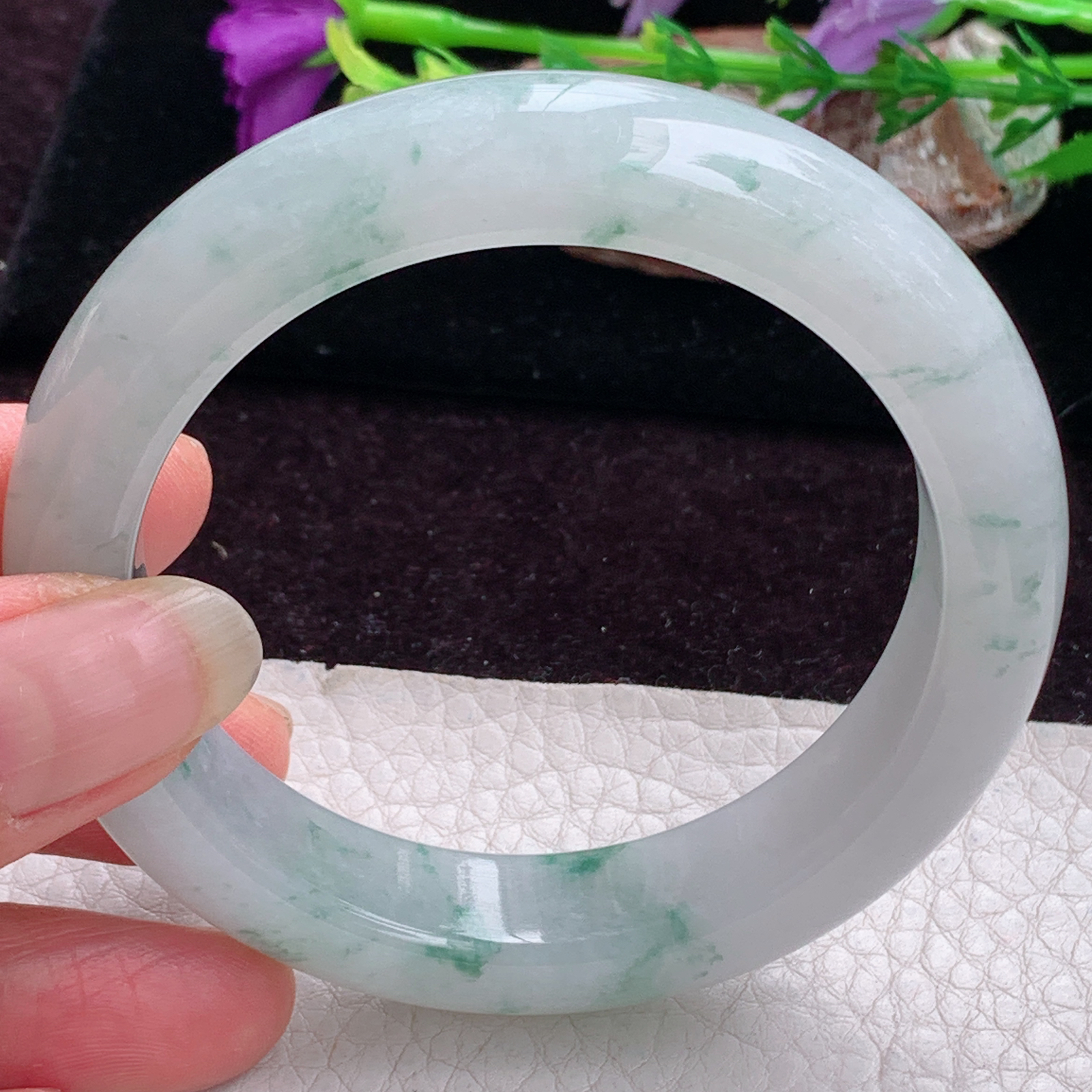 js实拍56*13.3*9.5平安镯 天然缅甸翡翠手镯冰飘花厚装正圈玉镯子