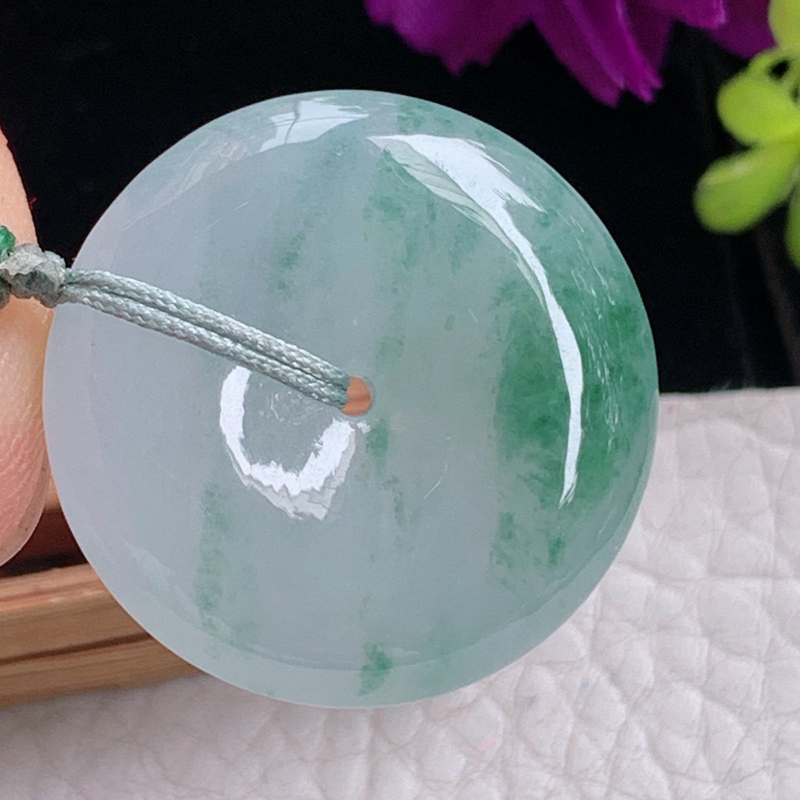 zz3实拍27.8*6.2缅甸翡翠飘花平安扣吊坠精美宝宝平安玉坠