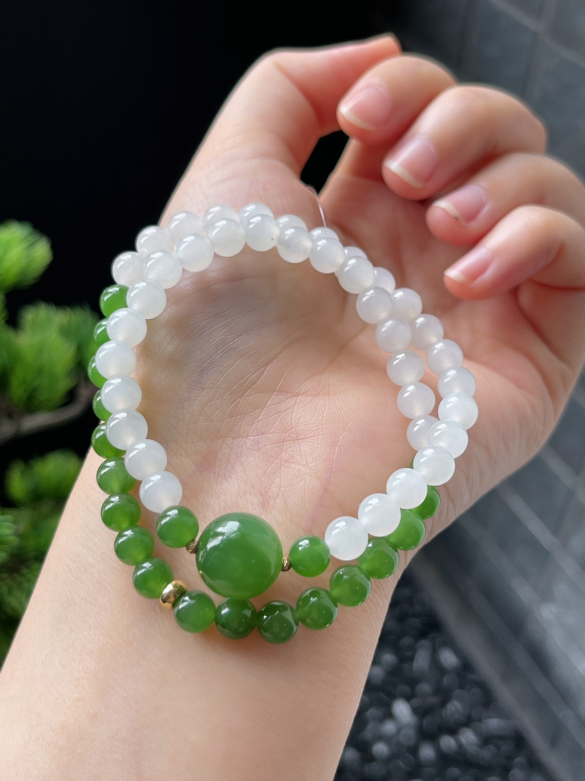 和田玉碧玉配白玉双圈手串