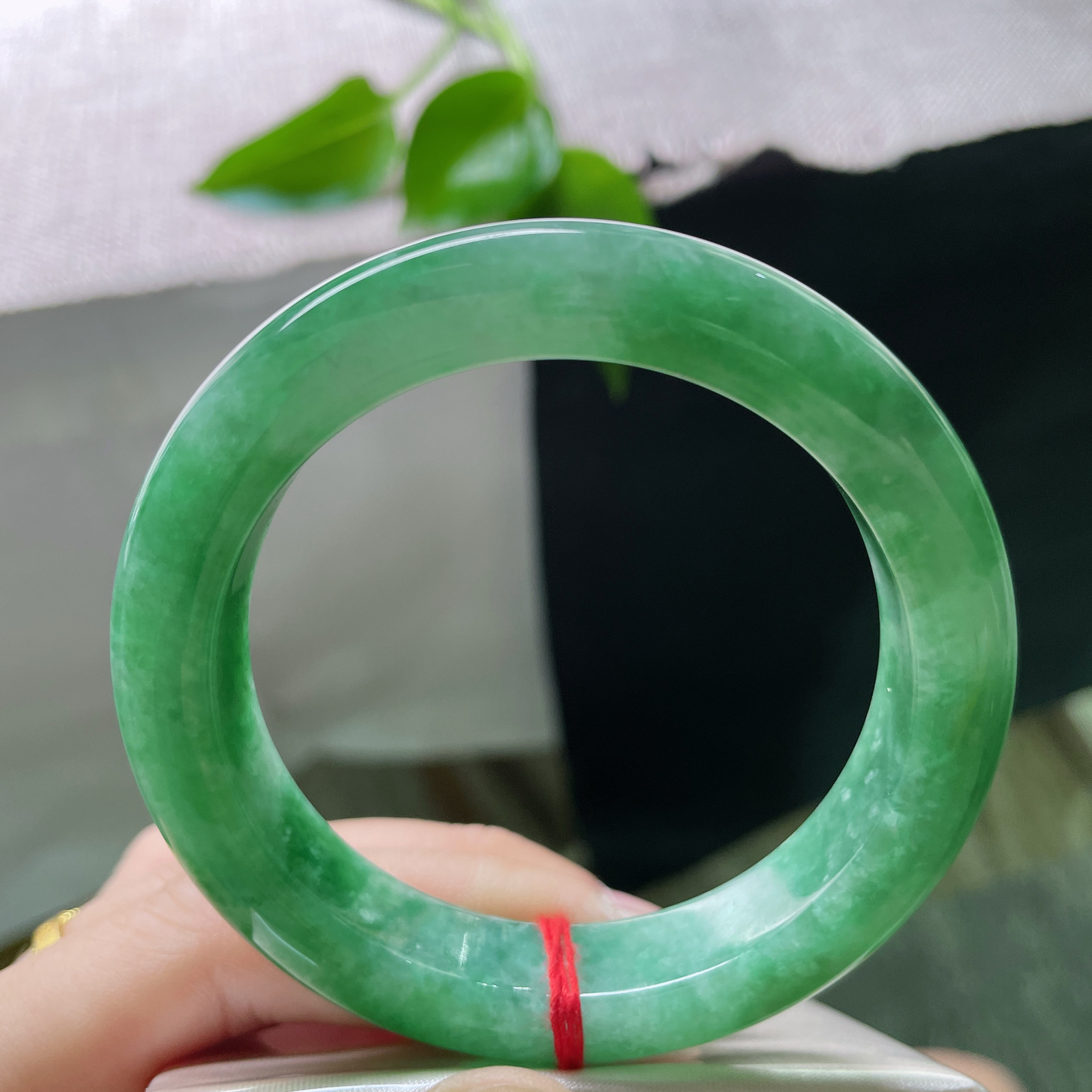 53.8/11.9/9.4，满绿正圈，一方碧潭，环绕腕上。生机盎然，绿意流淌。无纹裂