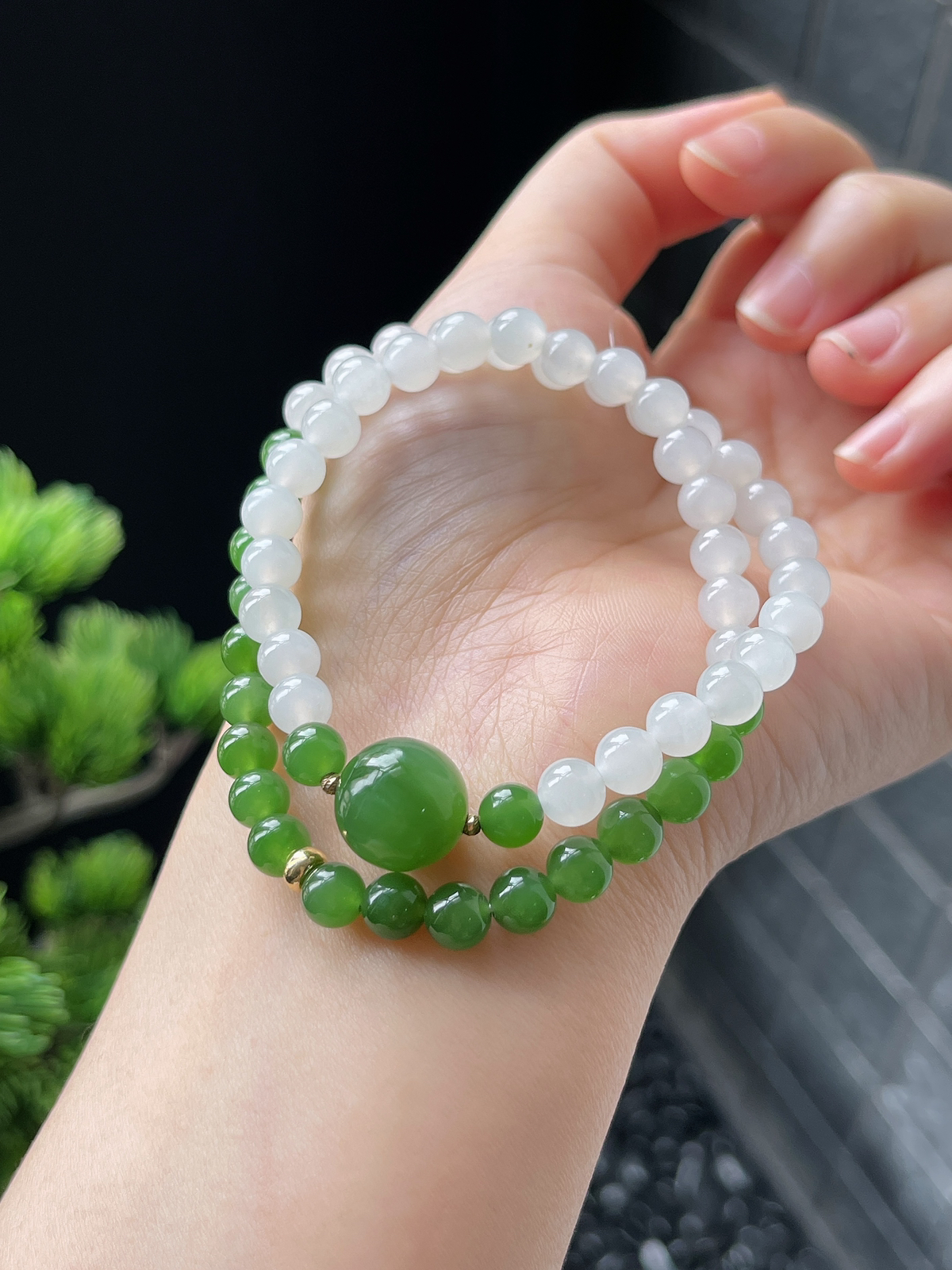 和田玉碧玉配白玉双圈手串