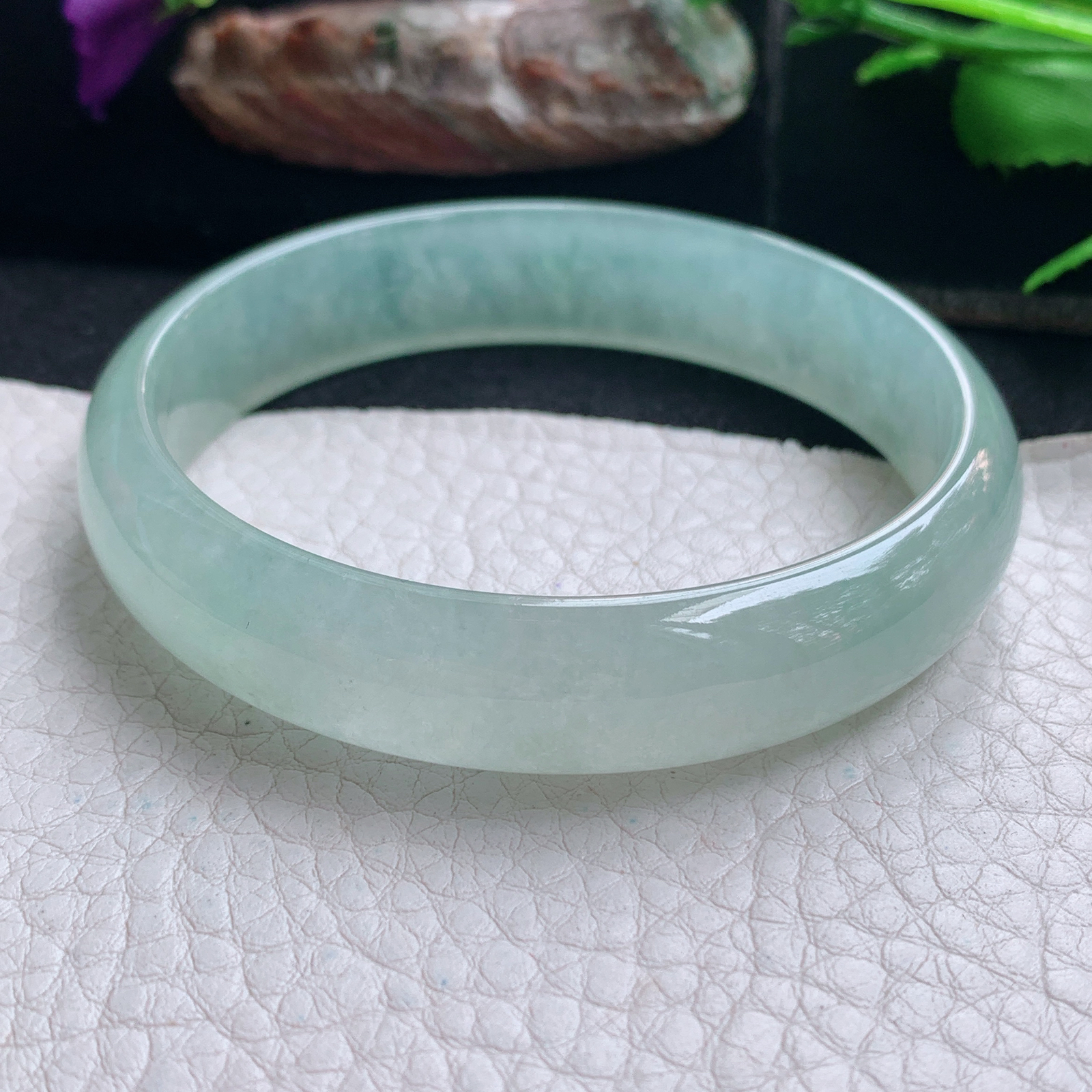 js实拍58.5*13*6平安镯 天然缅甸翡翠手镯冰透晴美正圈玉镯子