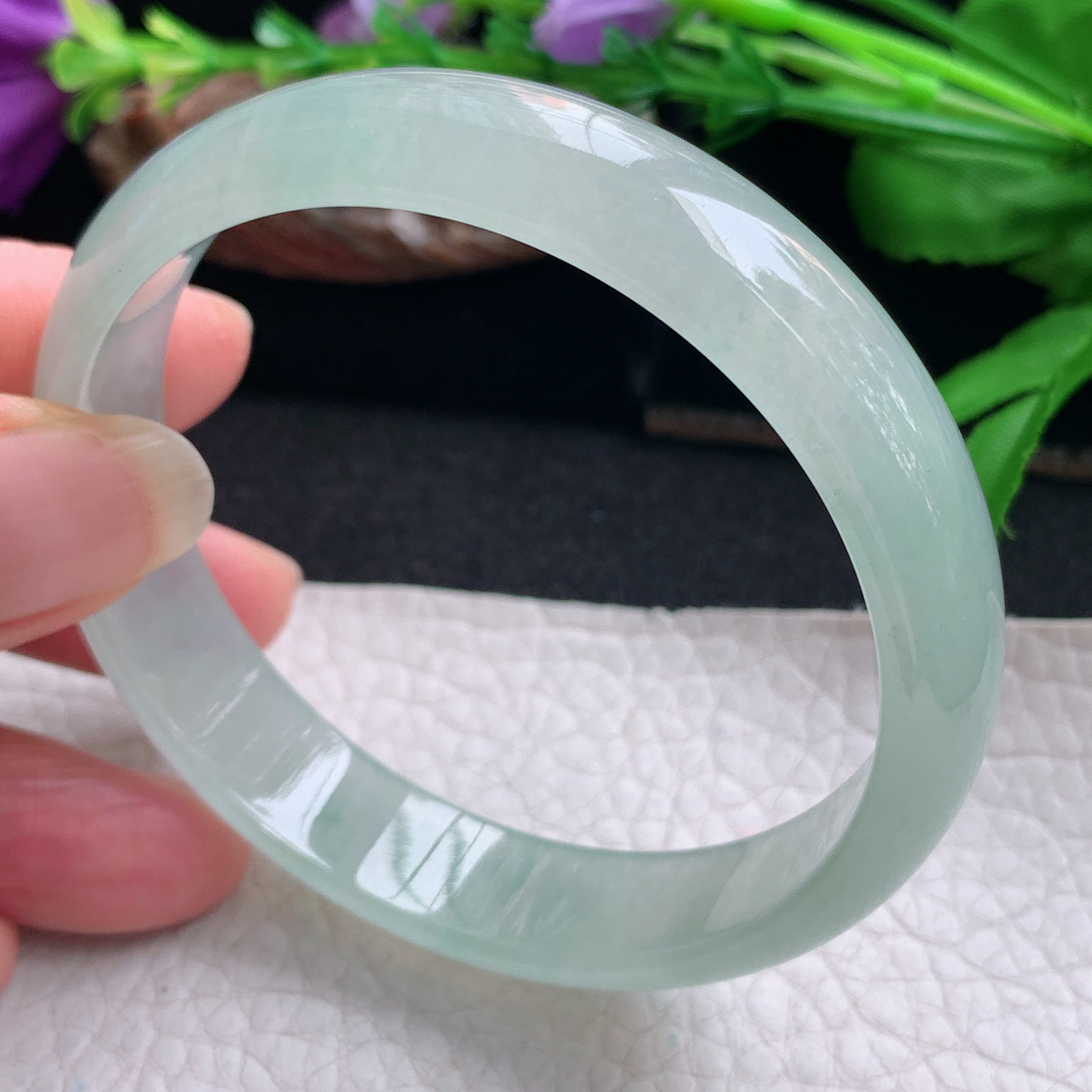 js实拍58.5*13*6平安镯 天然缅甸翡翠手镯冰透晴美正圈玉镯子