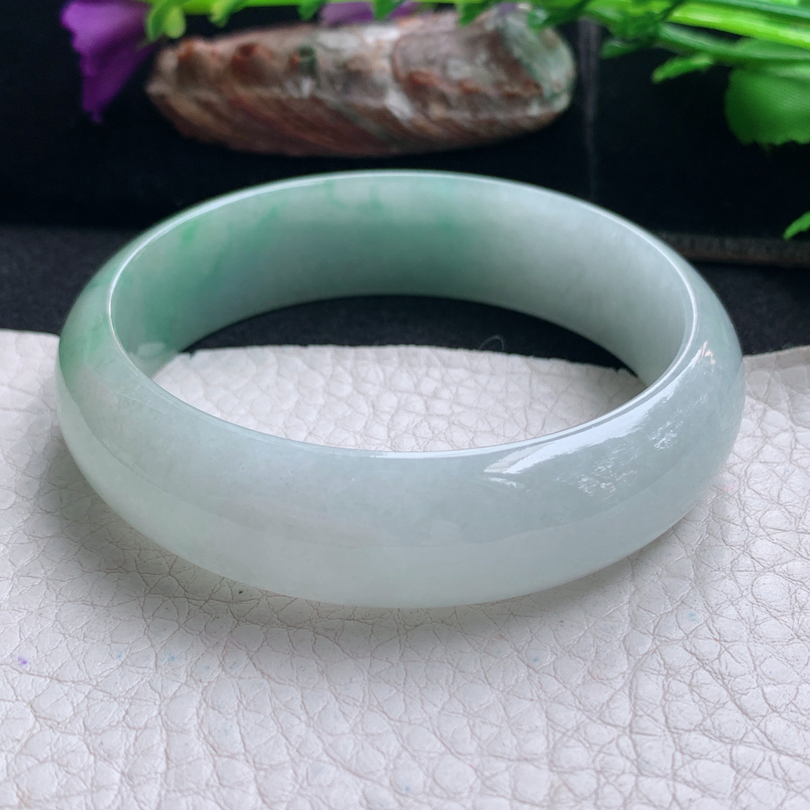 js实拍55.5*15.5*6.8招财轮胎镯 天然缅甸翡翠手镯半山水胶感正圈玉镯子