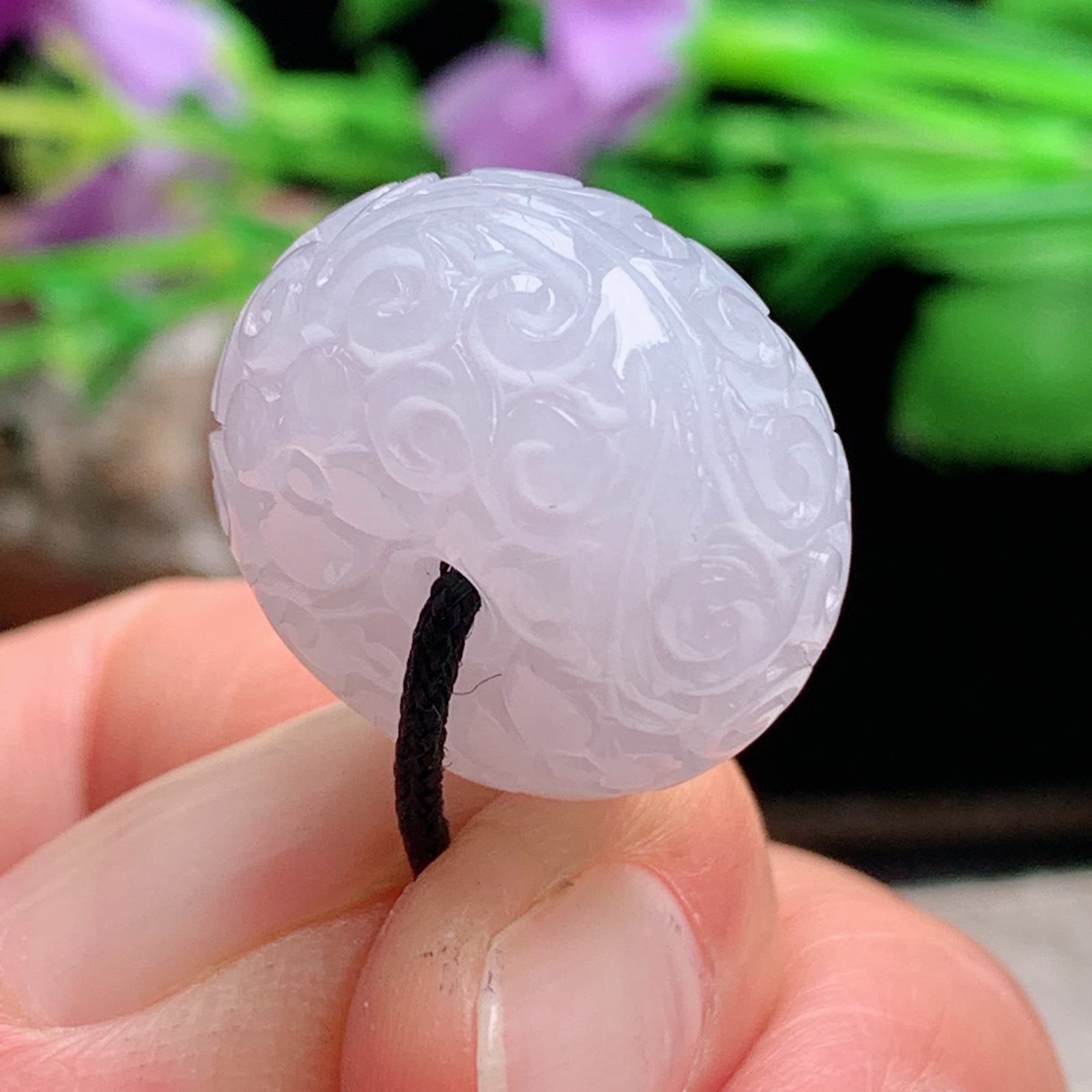 py实拍20.2*12.6缅甸翡翠淡紫底冰润面包扣 玉扣玉吊坠 玉挂件