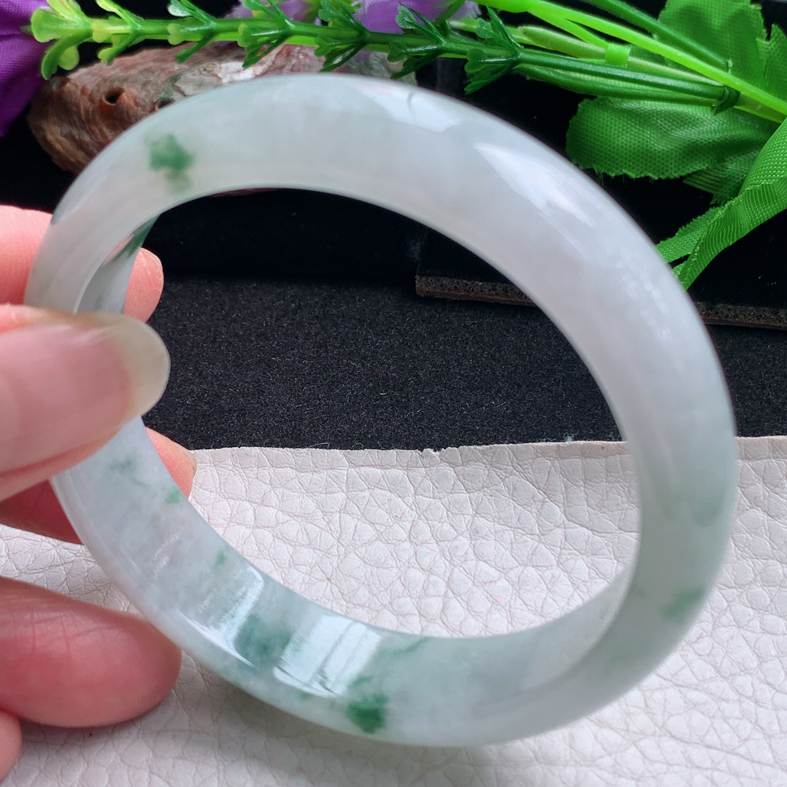 ee实拍58*13.6*7.2平安镯 天然缅甸翡翠手镯飘花胶感正圈玉镯子