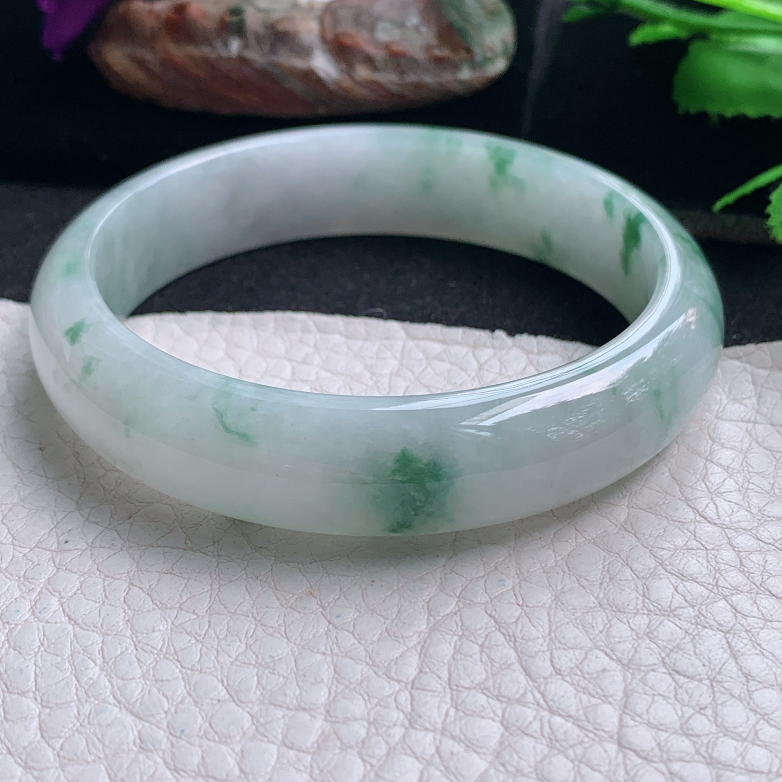 ee实拍58*13.6*7.2平安镯 天然缅甸翡翠手镯飘花胶感正圈玉镯子