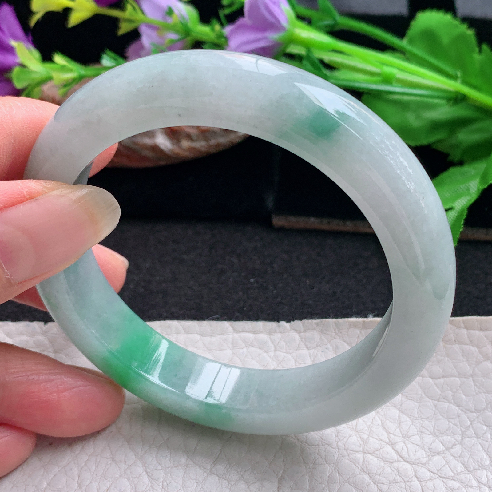 nr实拍55.5*11.8*9平安镯 天然缅甸翡翠手镯飘绿花厚装正圈玉镯子