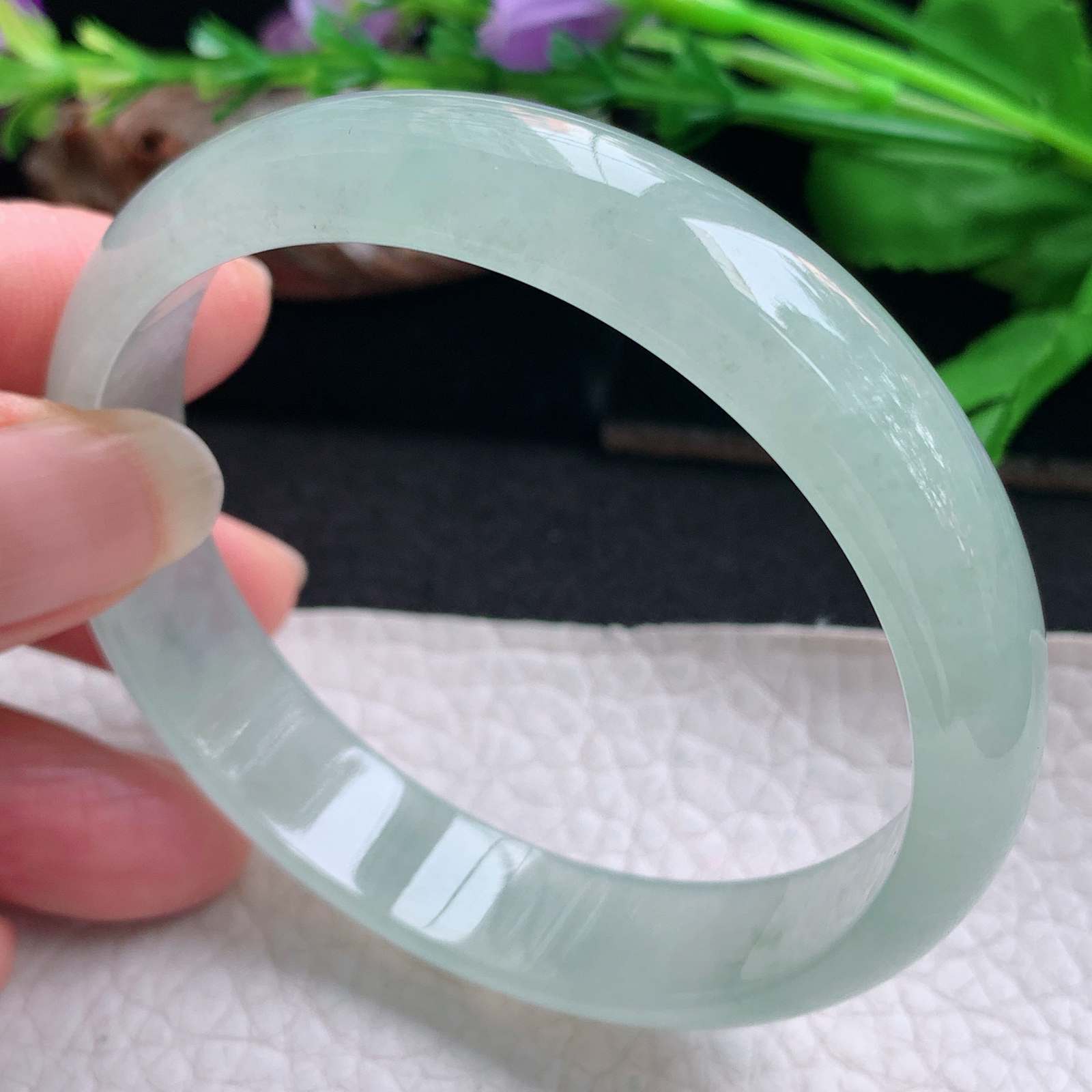 js实拍58.5*13*6平安镯 天然缅甸翡翠手镯冰透晴美正圈玉镯子