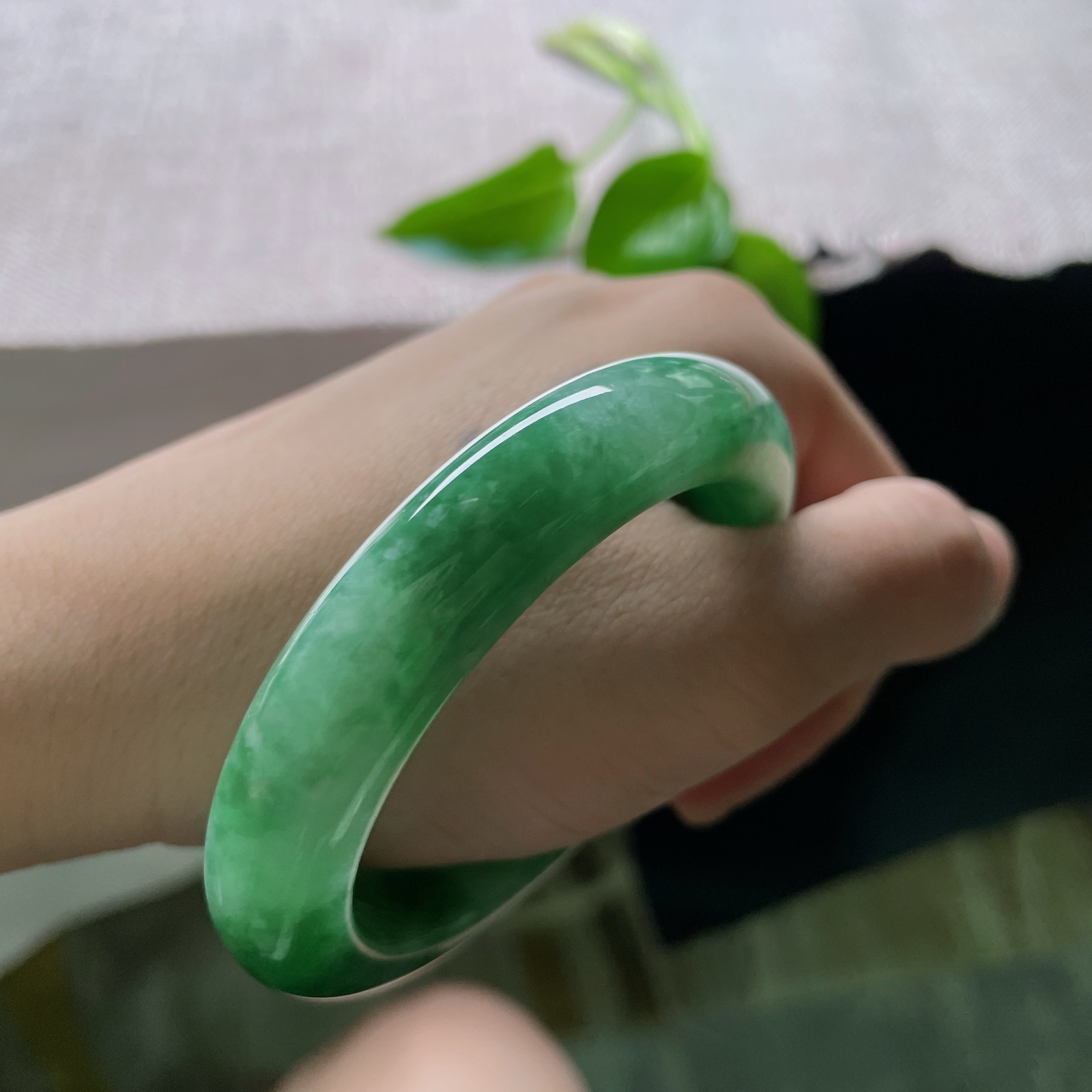 53.8/11.9/9.4，满绿正圈，一方碧潭，环绕腕上。生机盎然，绿意流淌。无纹裂