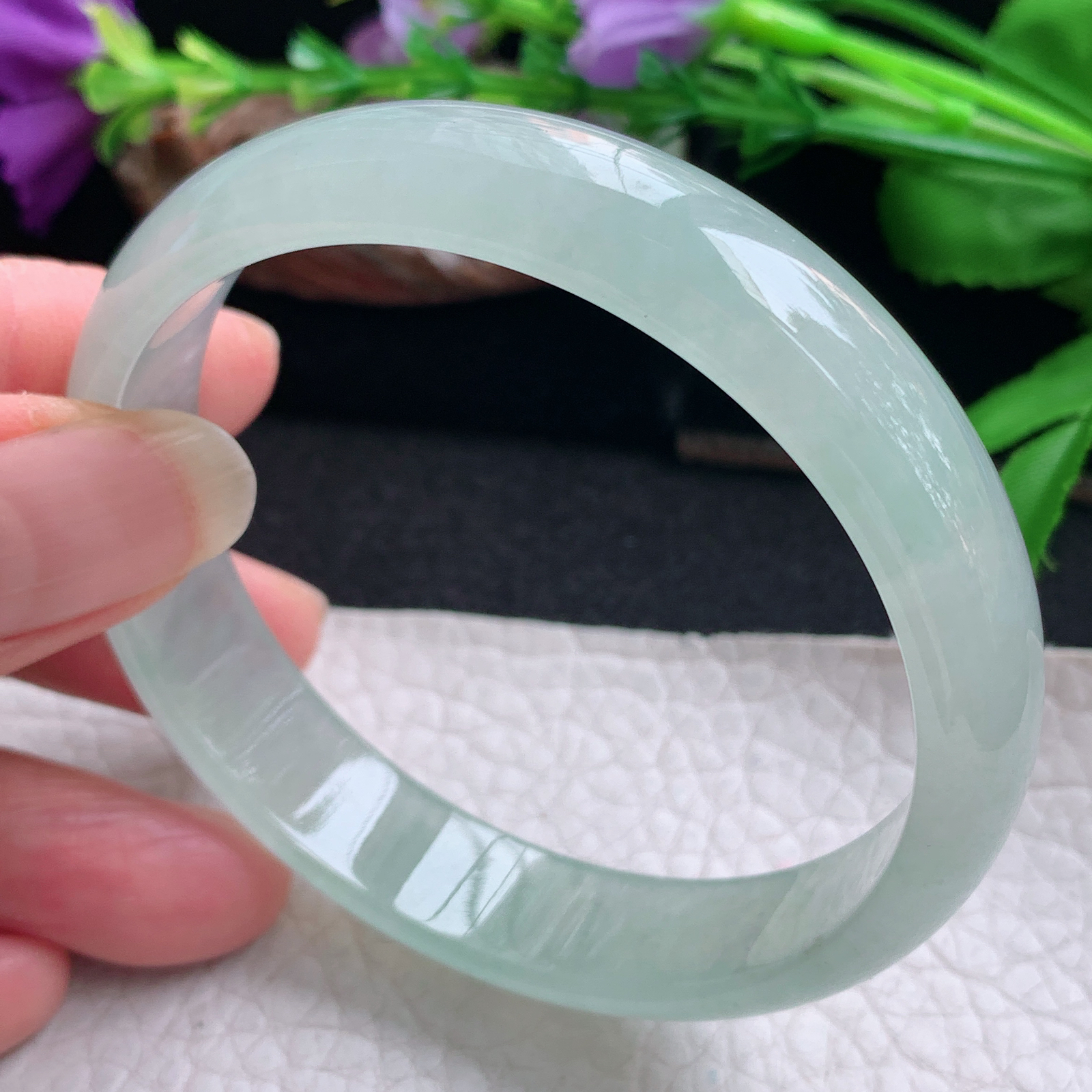 js实拍58.5*13*6平安镯 天然缅甸翡翠手镯冰透晴美正圈玉镯子