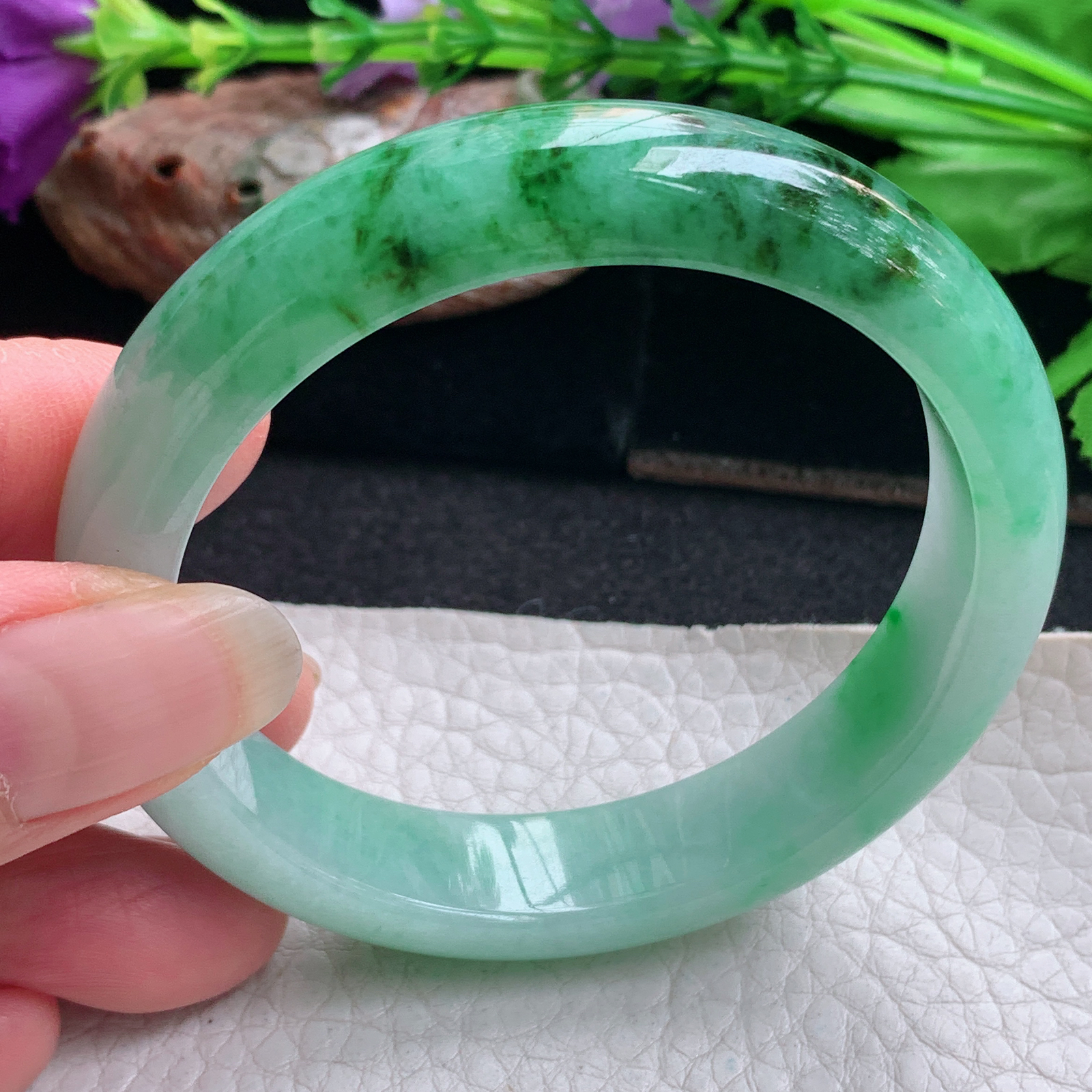 yh实拍54.5*12.2*7.5平安镯 天然缅甸翡翠手镯辣绿正圈玉镯子