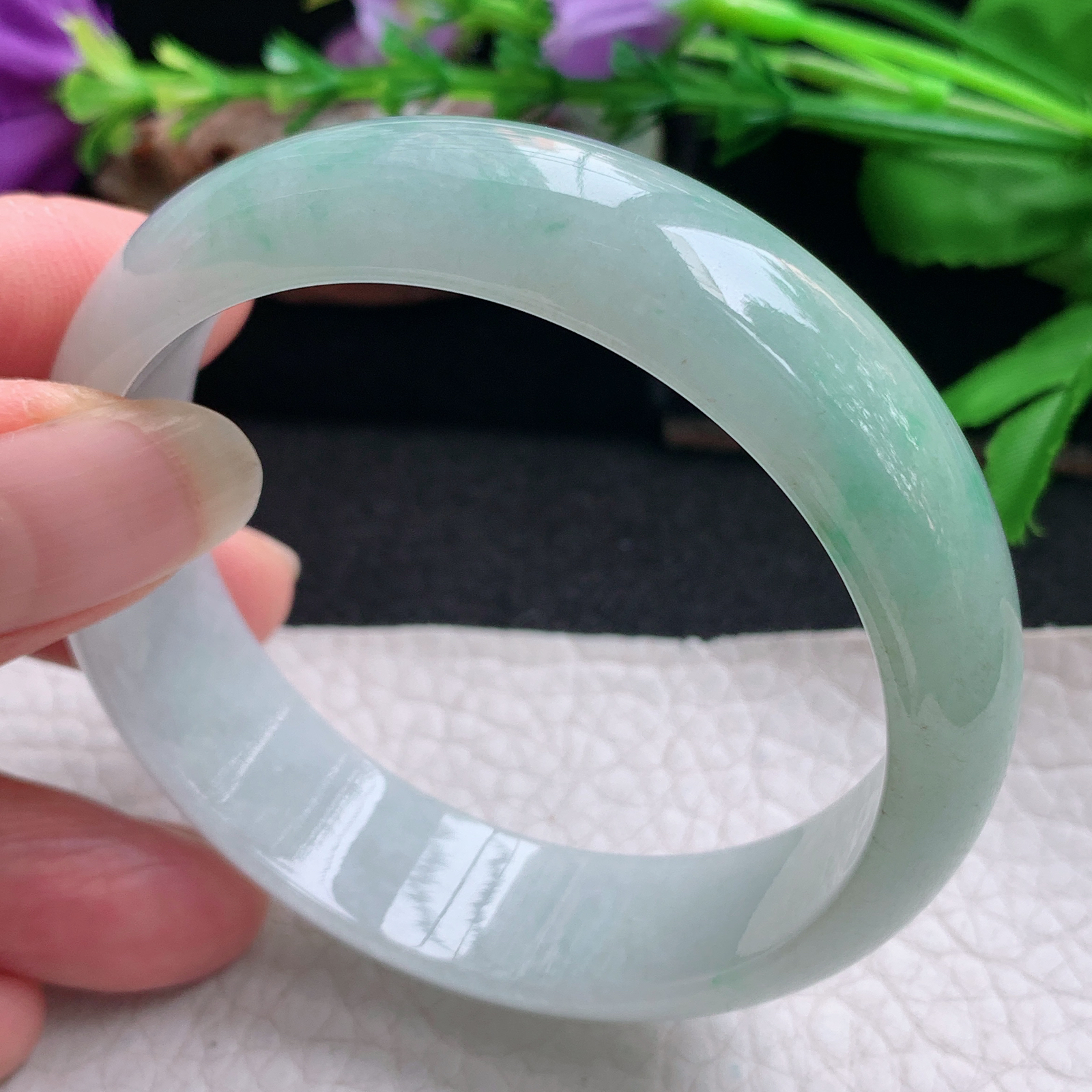 js实拍55.5*15.5*6.8招财轮胎镯 天然缅甸翡翠手镯半山水胶感正圈玉镯子