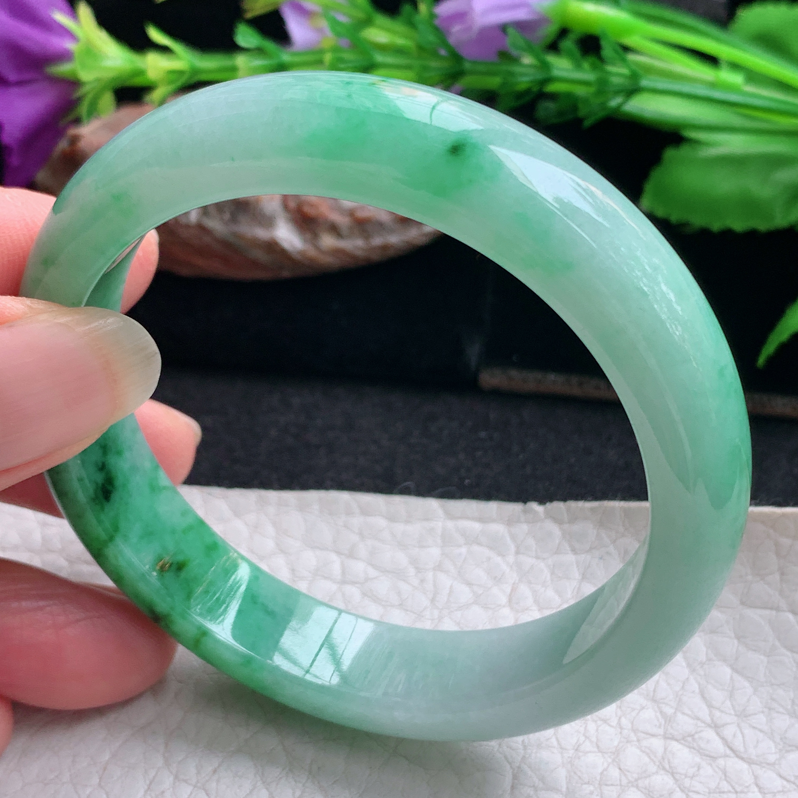 yh实拍54.5*12.2*7.5平安镯 天然缅甸翡翠手镯辣绿正圈玉镯子