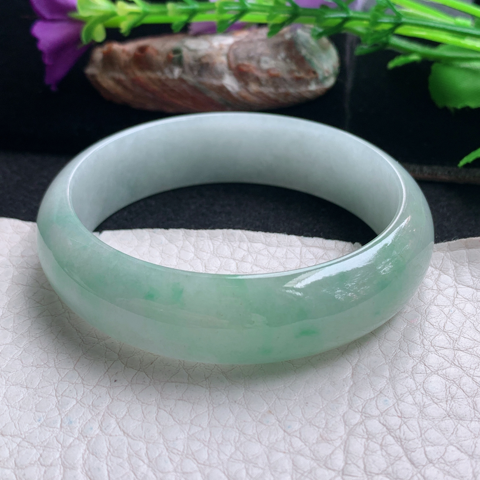 js实拍55.5*15.5*6.8招财轮胎镯 天然缅甸翡翠手镯半山水胶感正圈玉镯子