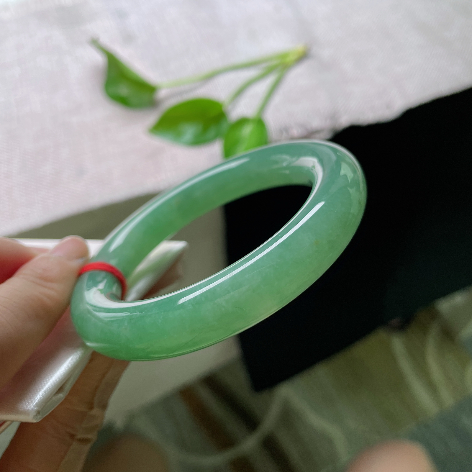 54/11.7，绿底胖圆条，满色匀称，种老，通体绿意盈盈，像凝住的碧波，光线下似有生命般鲜活。无纹裂