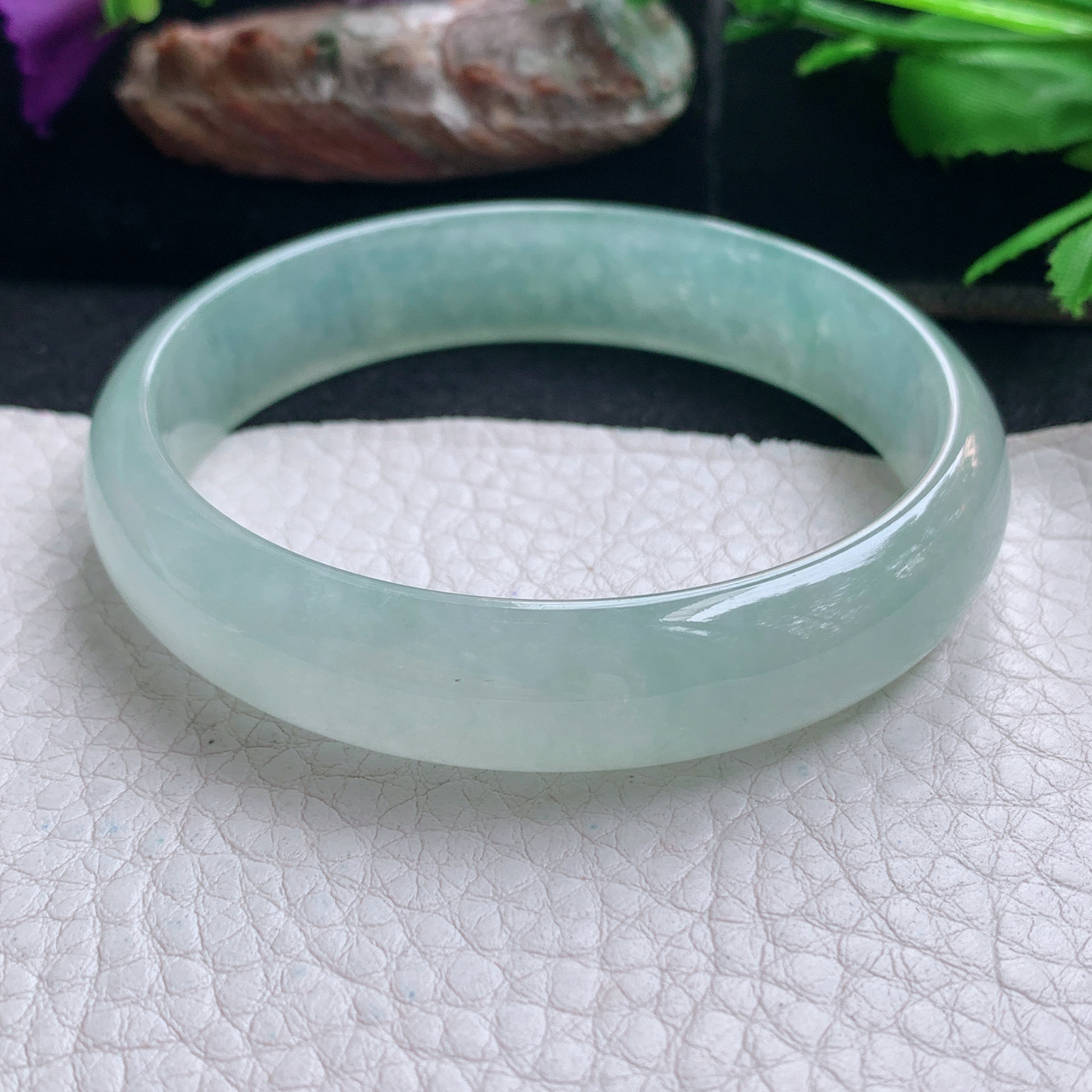 js实拍58.5*13*6平安镯 天然缅甸翡翠手镯冰透晴美正圈玉镯子