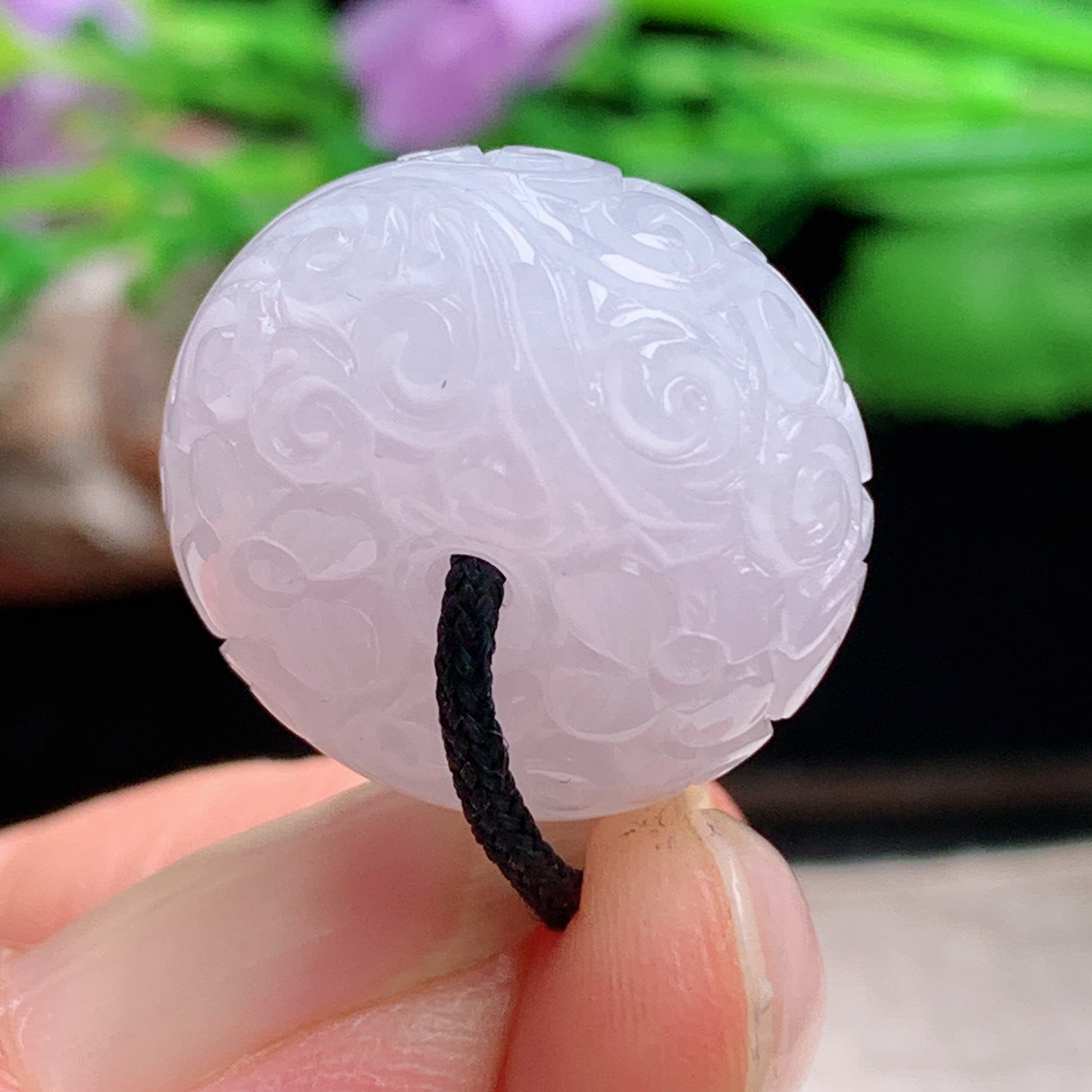 py实拍20.2*12.6缅甸翡翠淡紫底冰润面包扣 玉扣玉吊坠 玉挂件