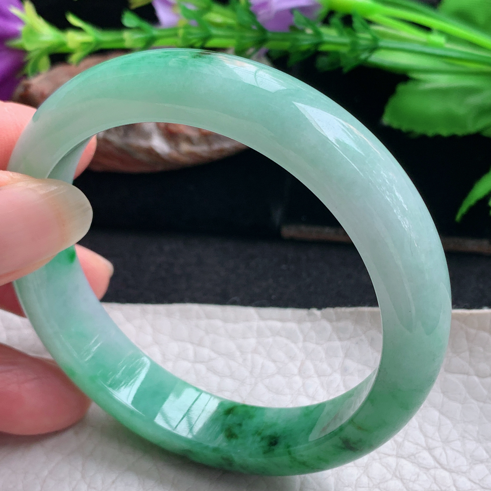 yh实拍54.5*12.2*7.5平安镯 天然缅甸翡翠手镯辣绿正圈玉镯子