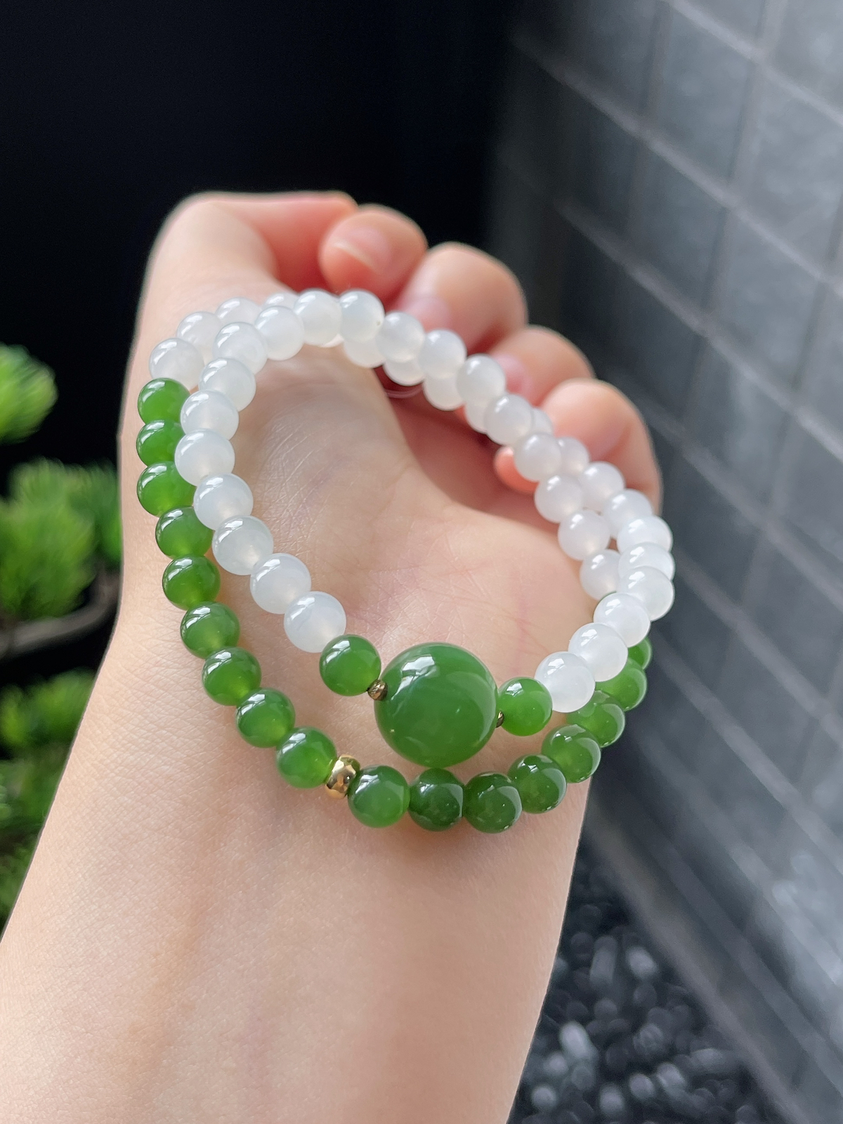 和田玉碧玉配白玉双圈手串