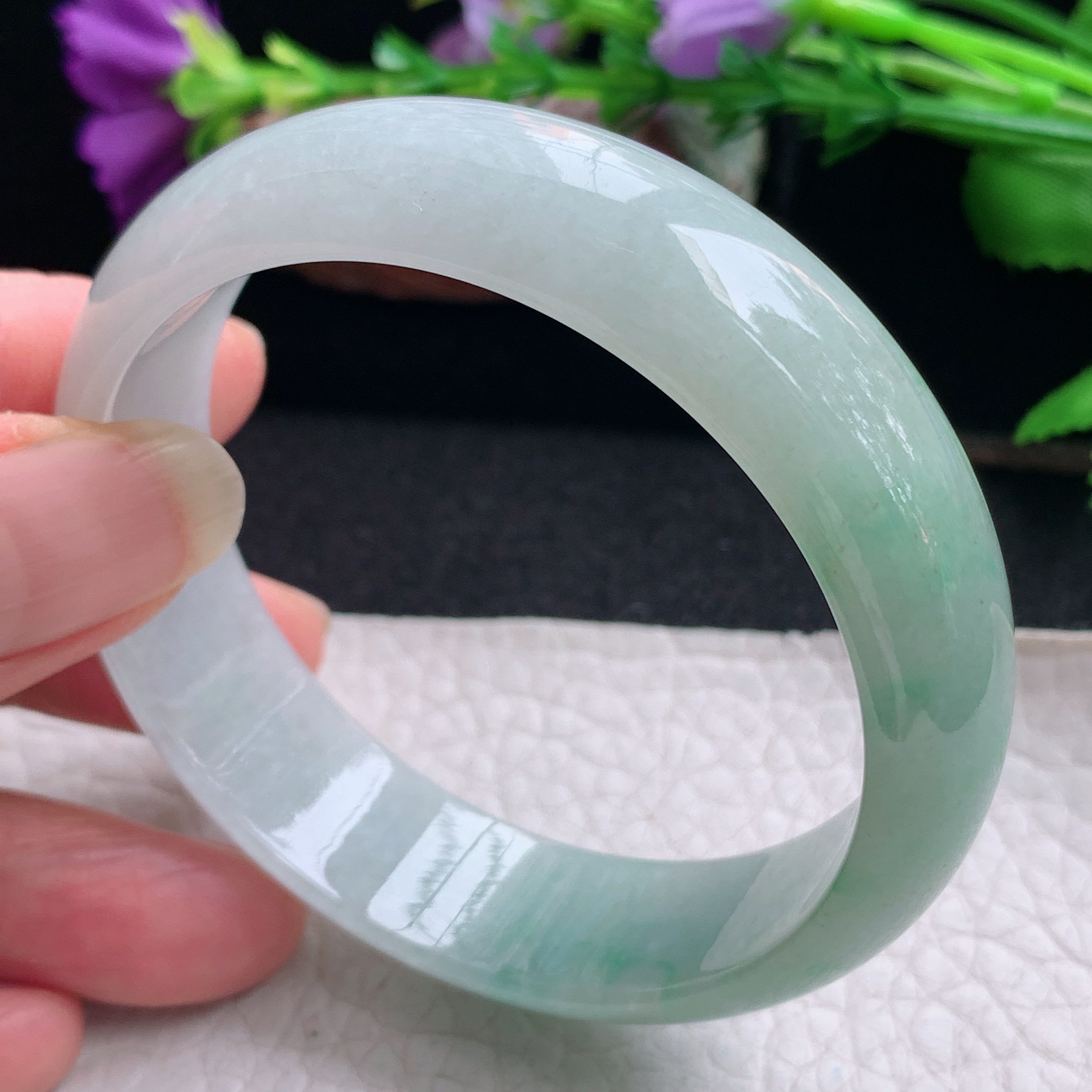 js实拍55.5*15.5*6.8招财轮胎镯 天然缅甸翡翠手镯半山水胶感正圈玉镯子