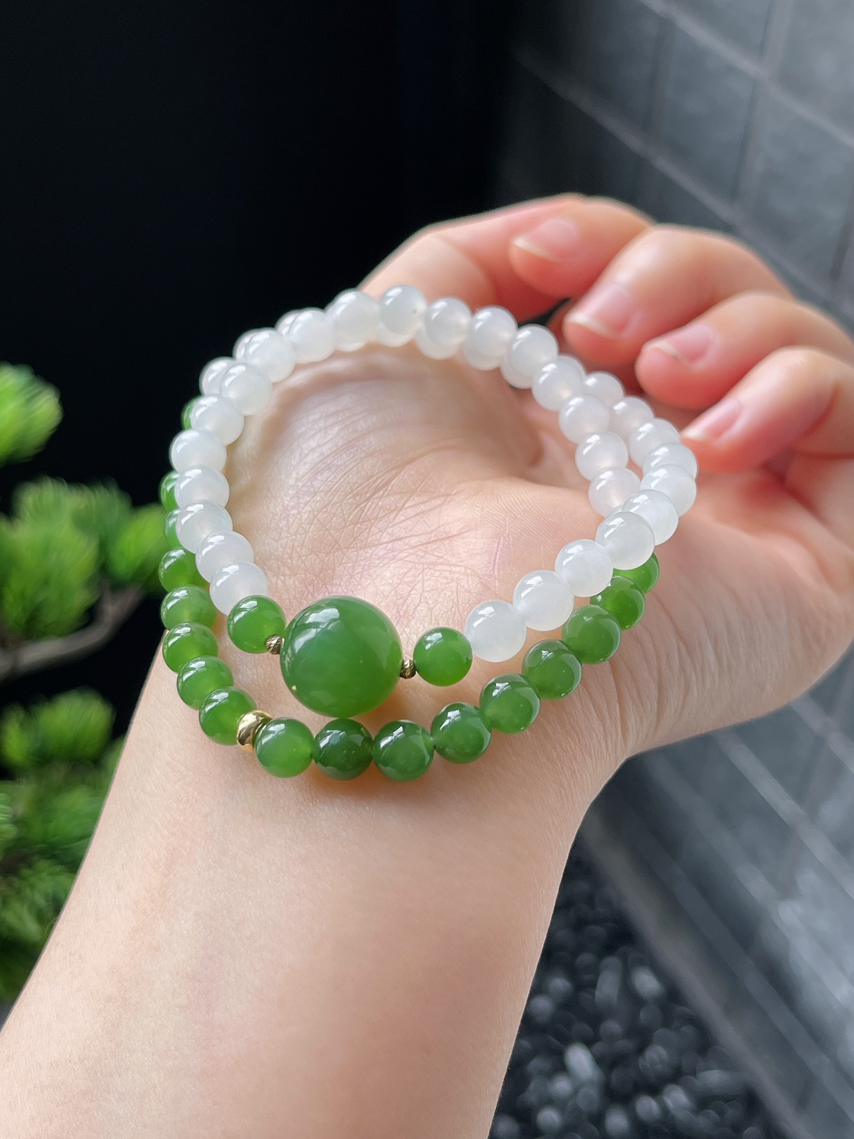 和田玉碧玉配白玉双圈手串