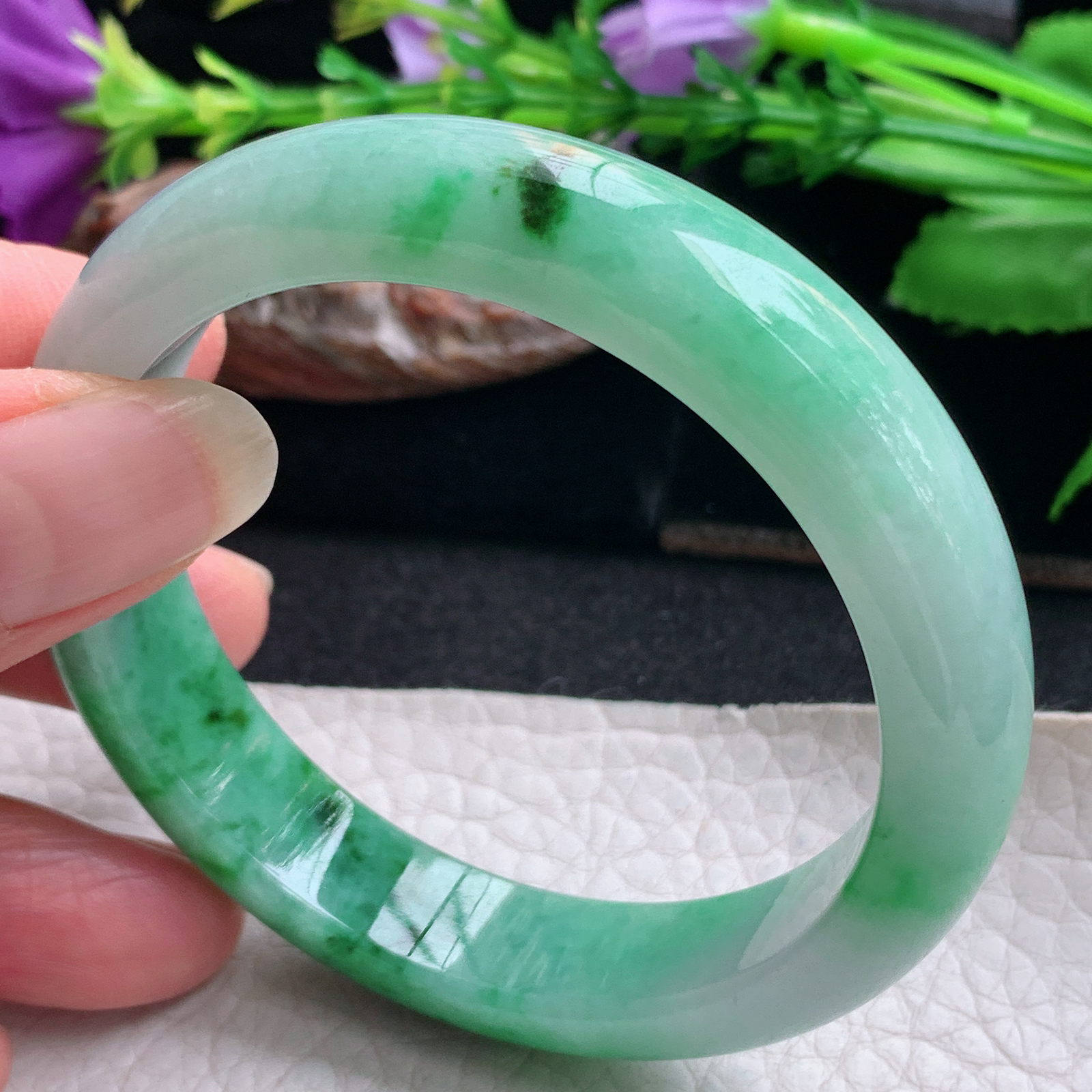 yh实拍54.5*12.2*7.5平安镯 天然缅甸翡翠手镯辣绿正圈玉镯子