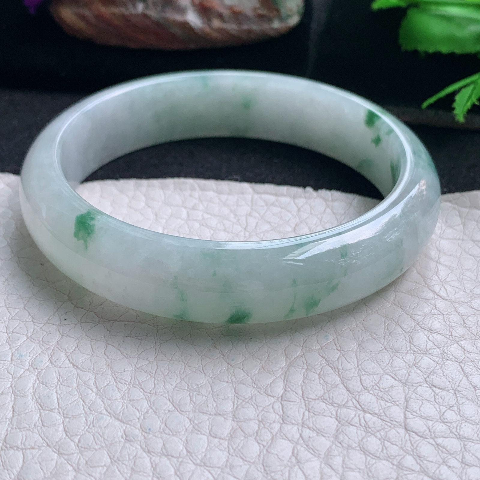 ee实拍58*13.6*7.2平安镯 天然缅甸翡翠手镯飘花胶感正圈玉镯子