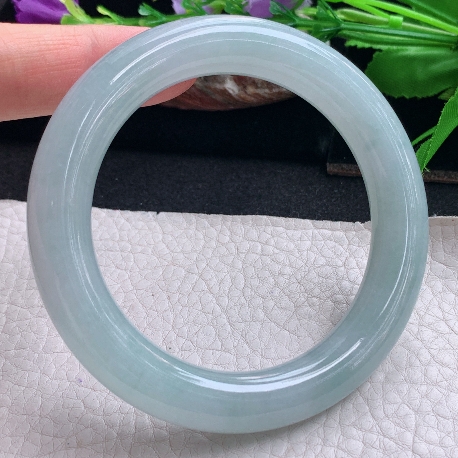 r实拍57*11美人镯 天然缅甸翡翠手镯蓝韵圆条正圈玉镯子