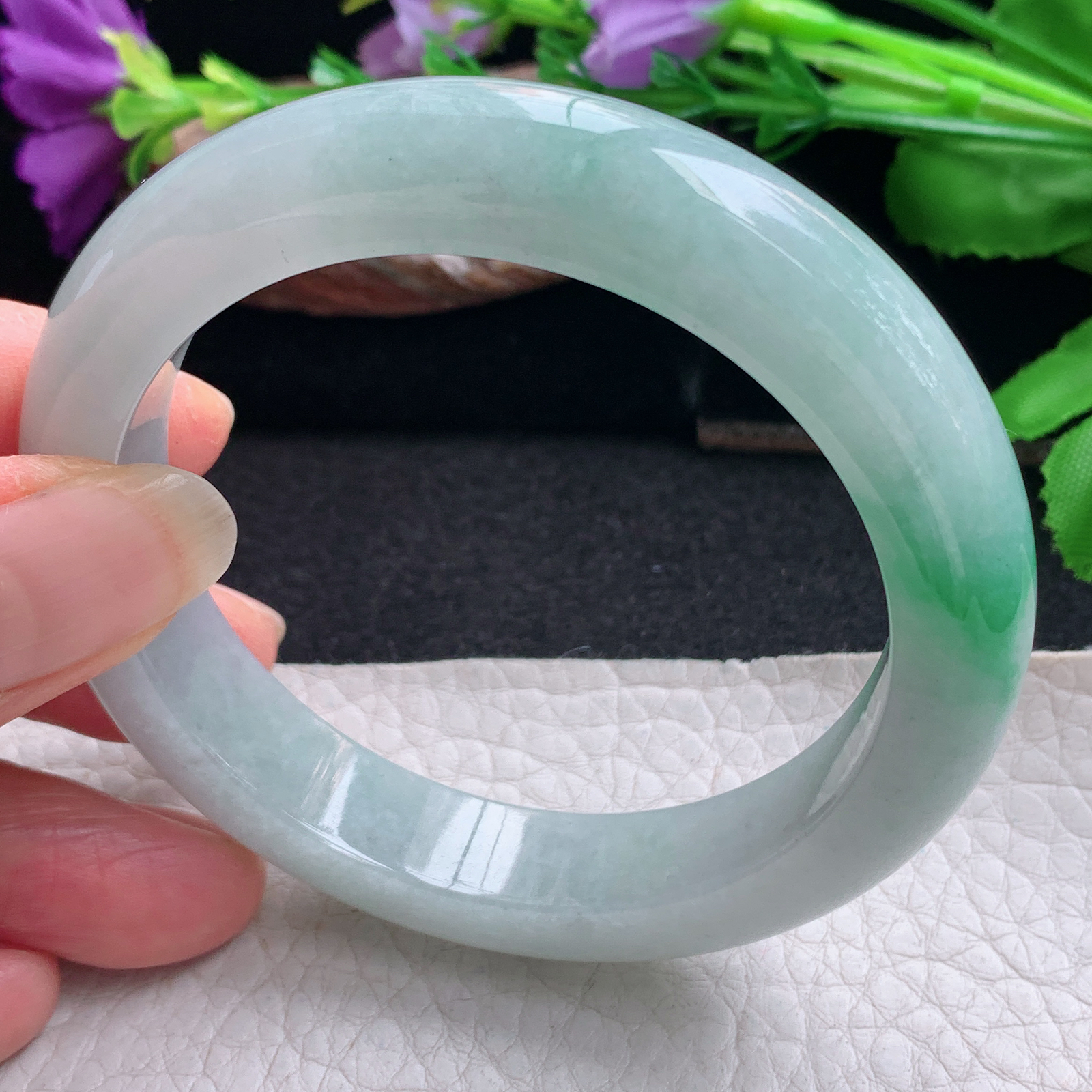 nr实拍55.5*11.8*9平安镯 天然缅甸翡翠手镯飘绿花厚装正圈玉镯子