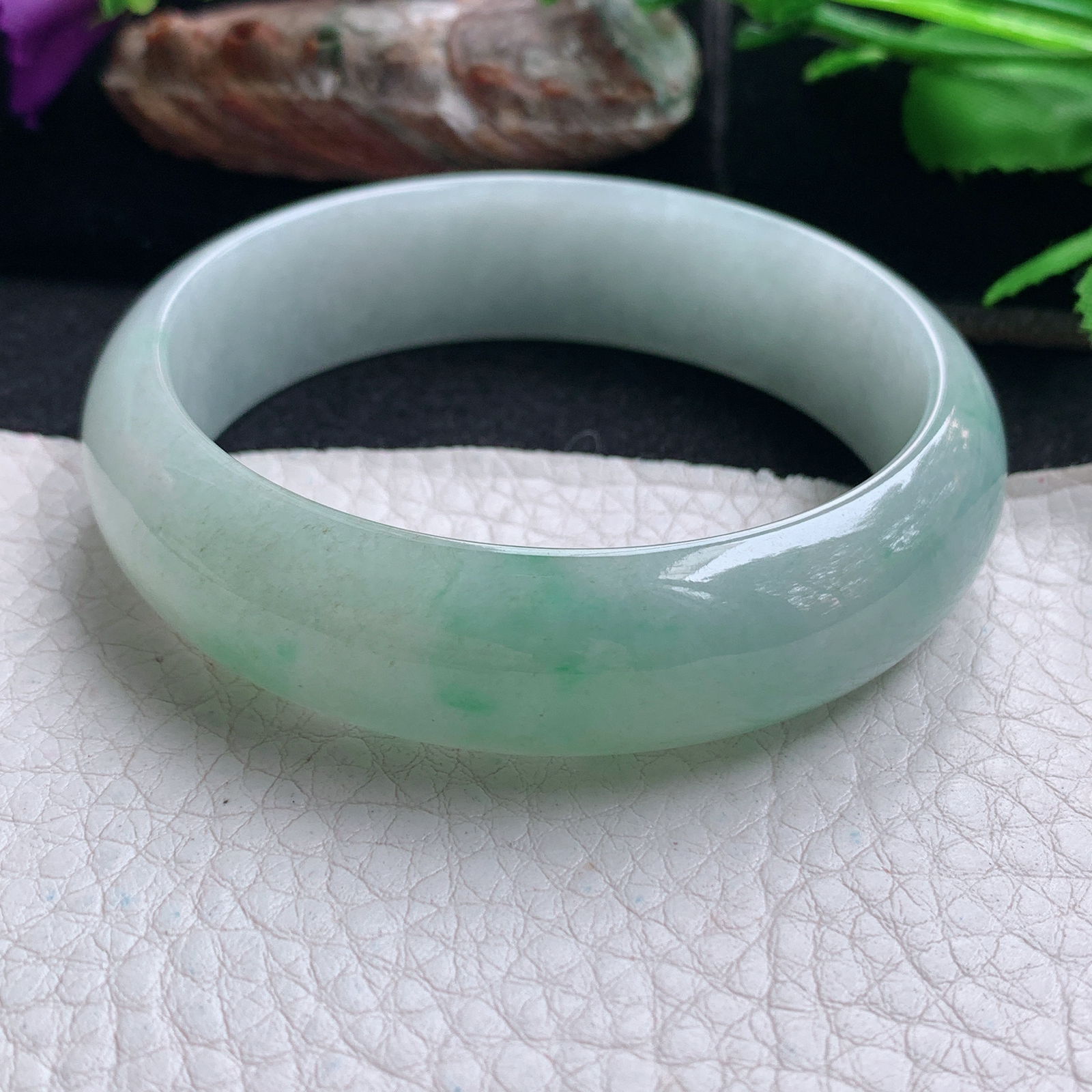 js实拍55.5*15.5*6.8招财轮胎镯 天然缅甸翡翠手镯半山水胶感正圈玉镯子