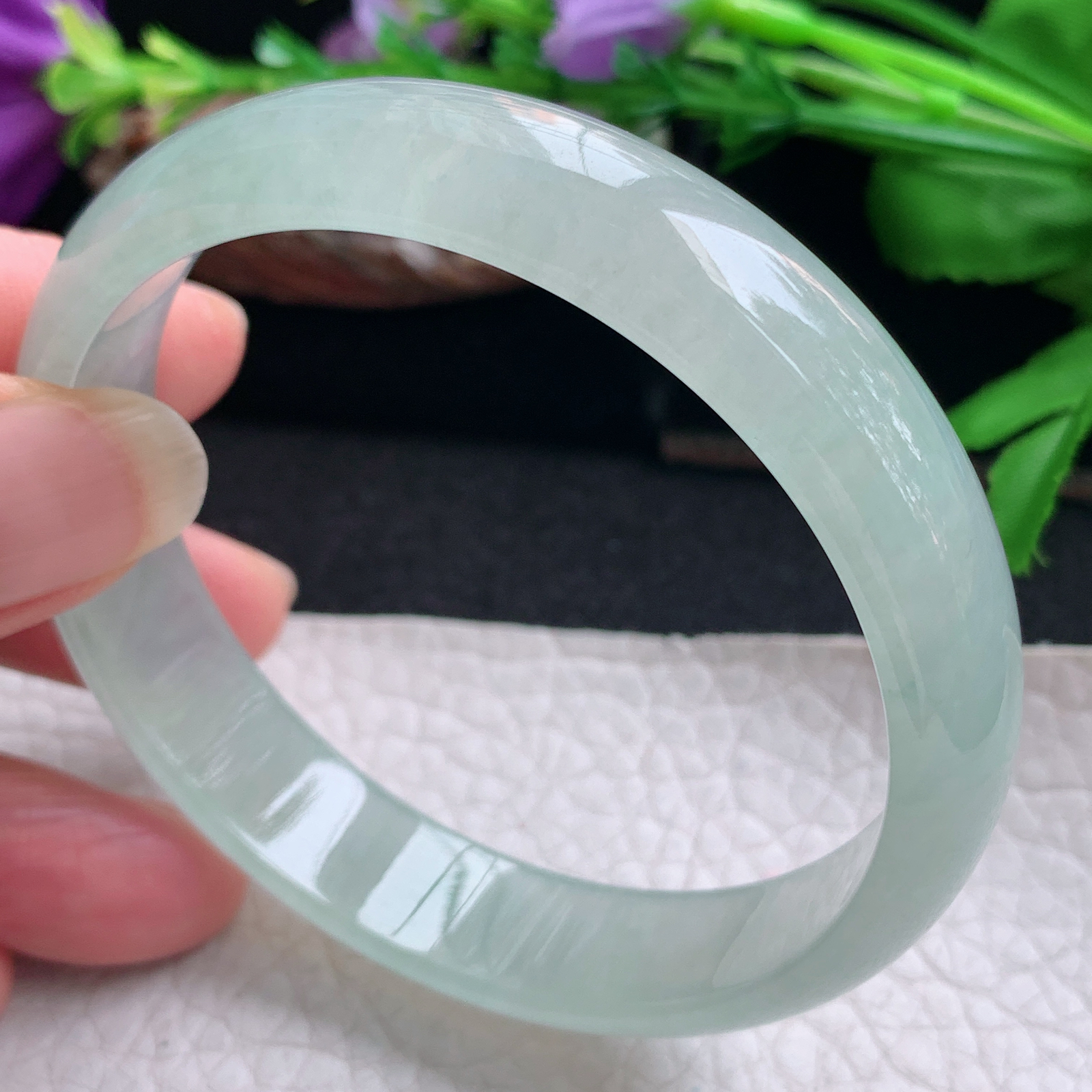 js实拍58.5*13*6平安镯 天然缅甸翡翠手镯冰透晴美正圈玉镯子