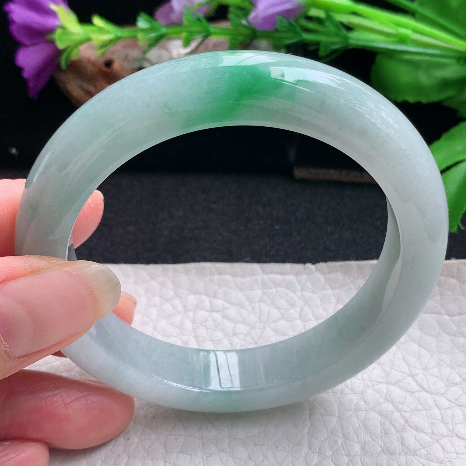 nr实拍55.5*11.8*9平安镯 天然缅甸翡翠手镯飘绿花厚装正圈玉镯子