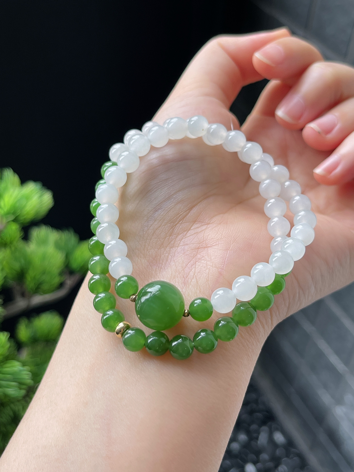 和田玉碧玉配白玉双圈手串