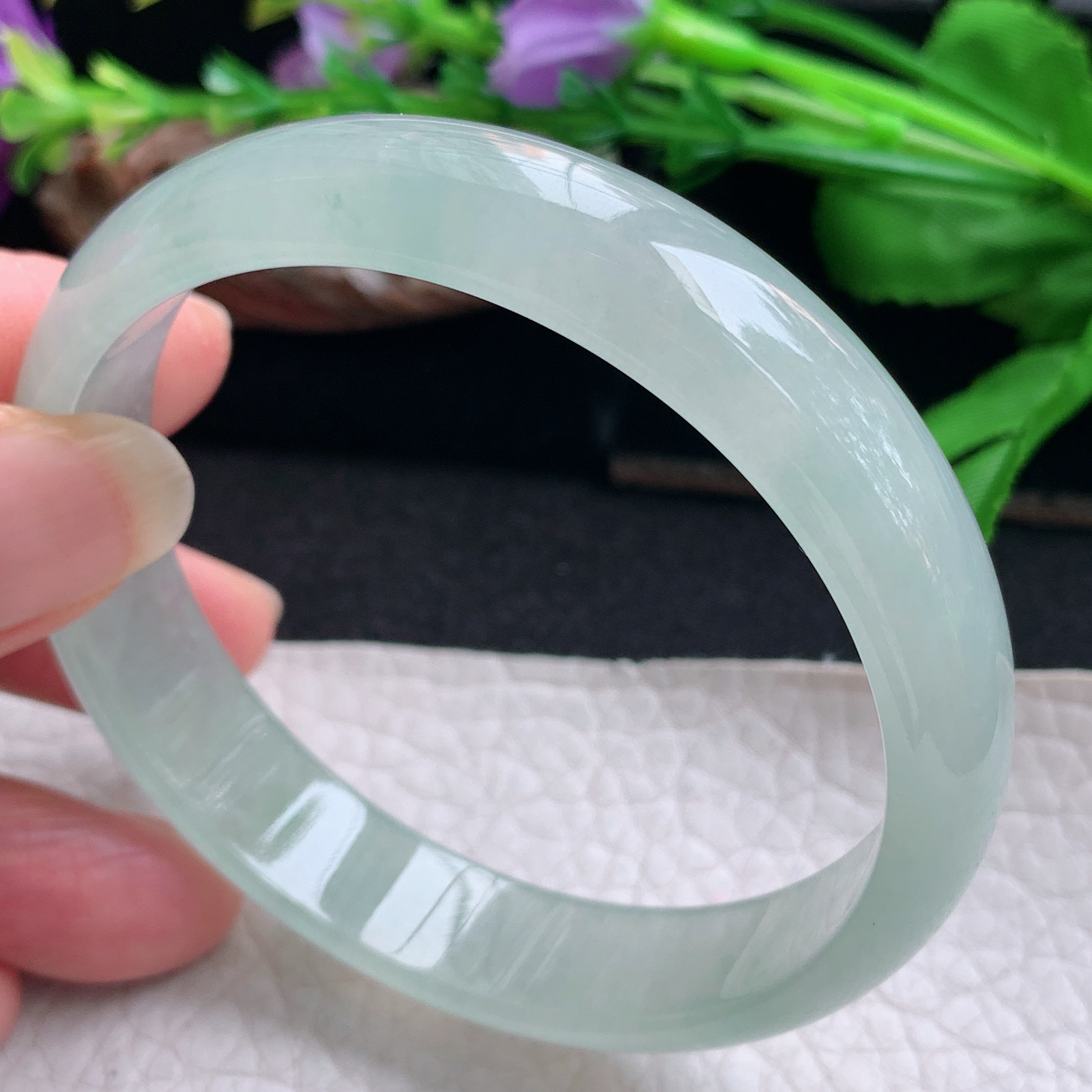 js实拍58.5*13*6平安镯 天然缅甸翡翠手镯冰透晴美正圈玉镯子