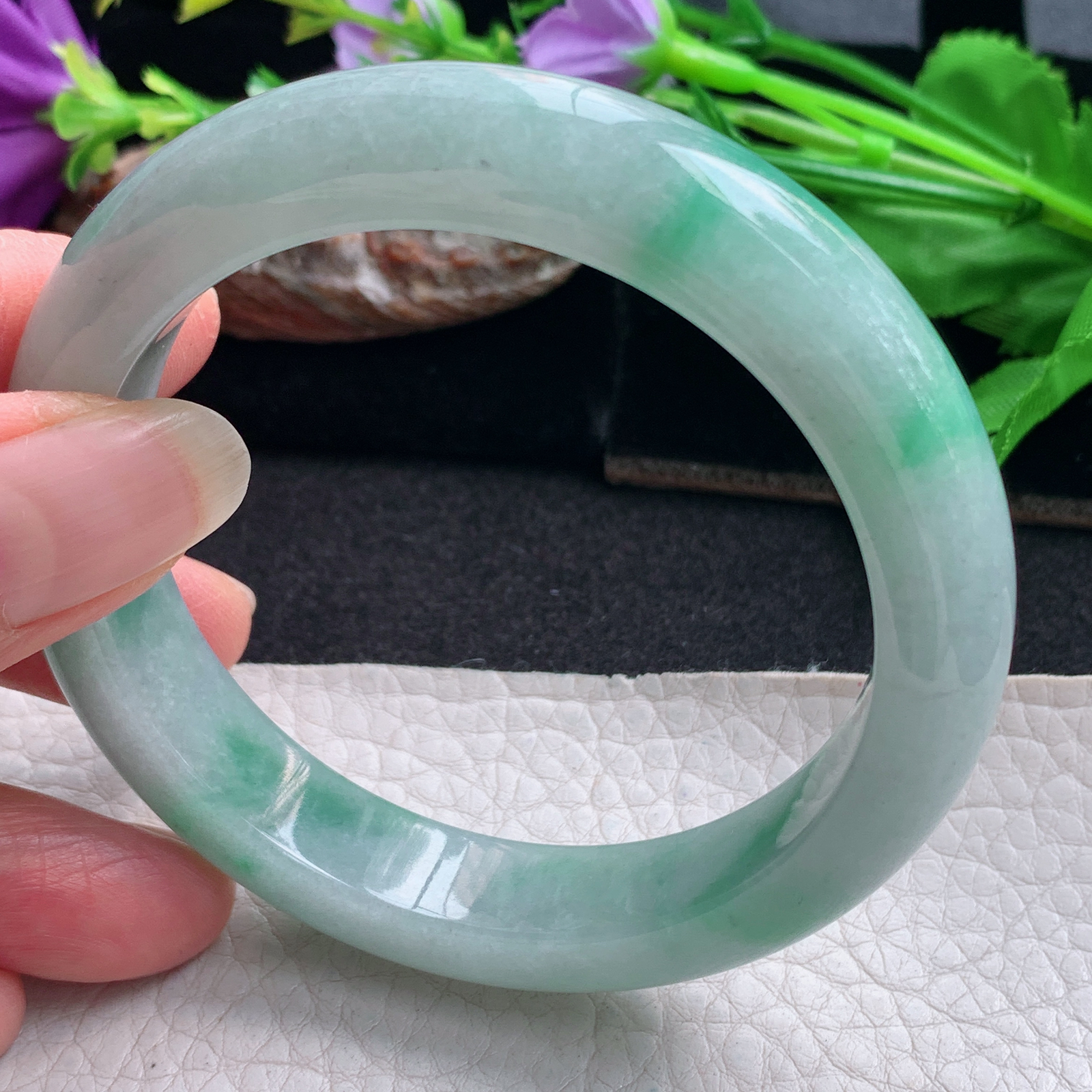 nr实拍58*12.2*8.8平安镯 天然缅甸翡翠手镯飘绿花胶感正圈玉镯子