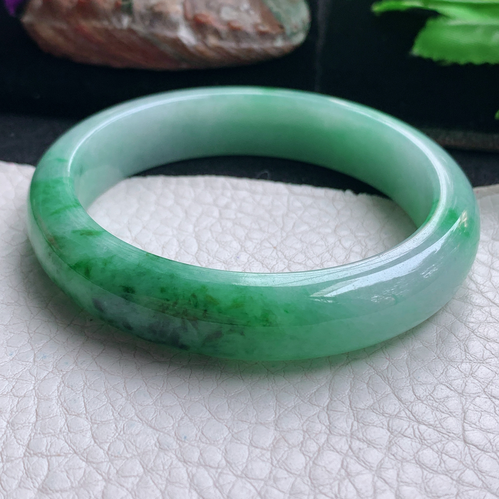 yh实拍54.5*12.2*7.5平安镯 天然缅甸翡翠手镯辣绿正圈玉镯子