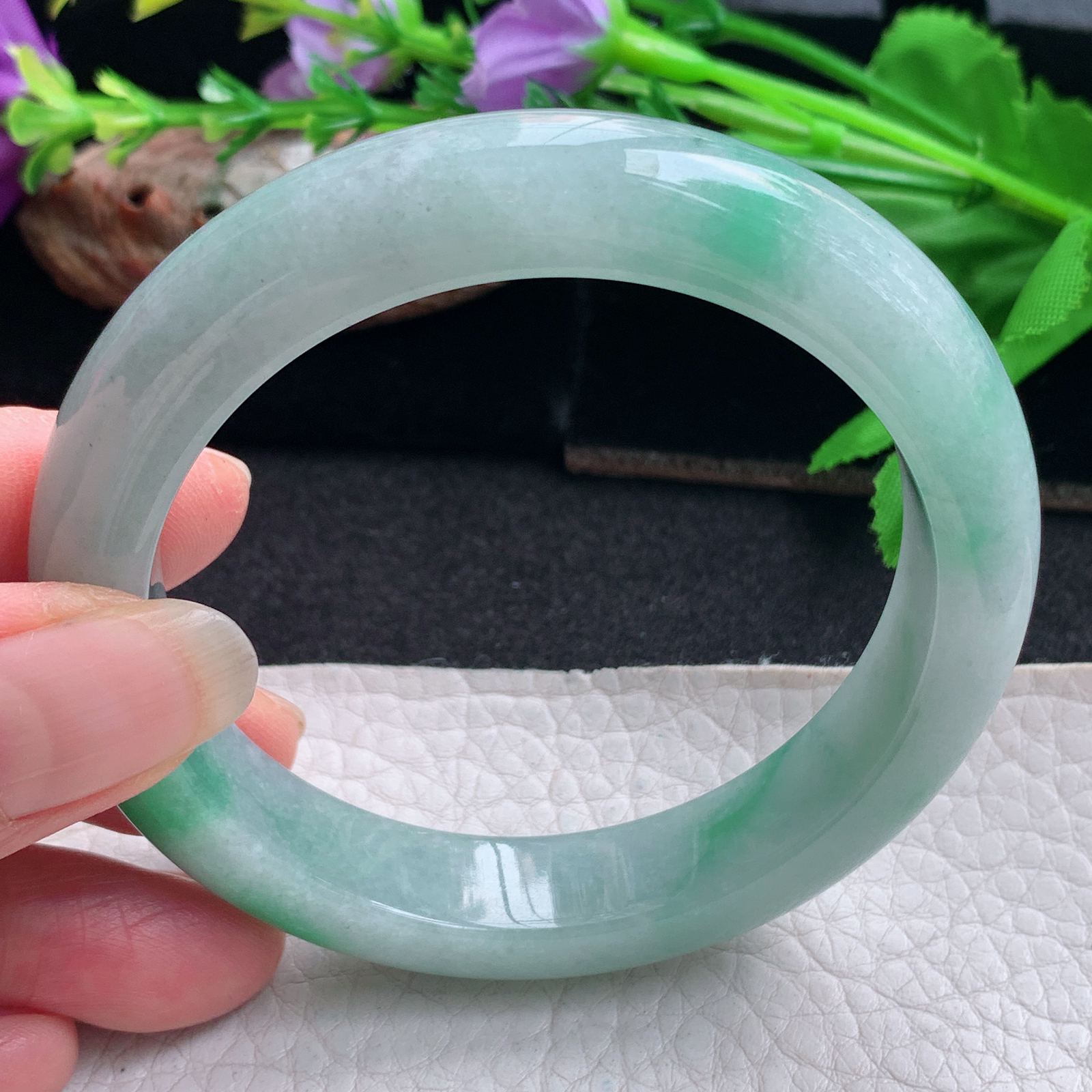 nr实拍58*12.2*8.8平安镯 天然缅甸翡翠手镯飘绿花胶感正圈玉镯子