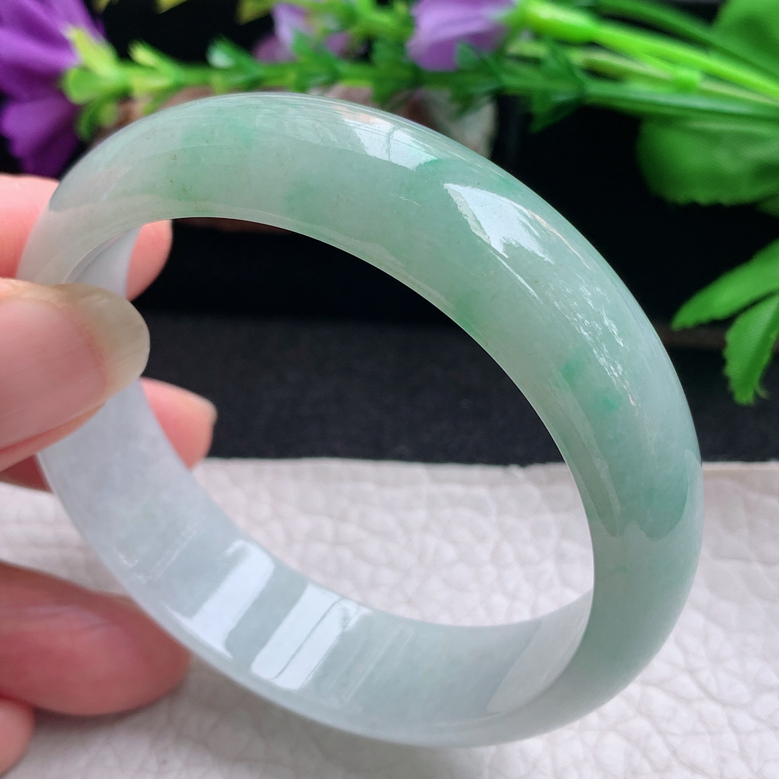 js实拍55.5*15.5*6.8招财轮胎镯 天然缅甸翡翠手镯半山水胶感正圈玉镯子