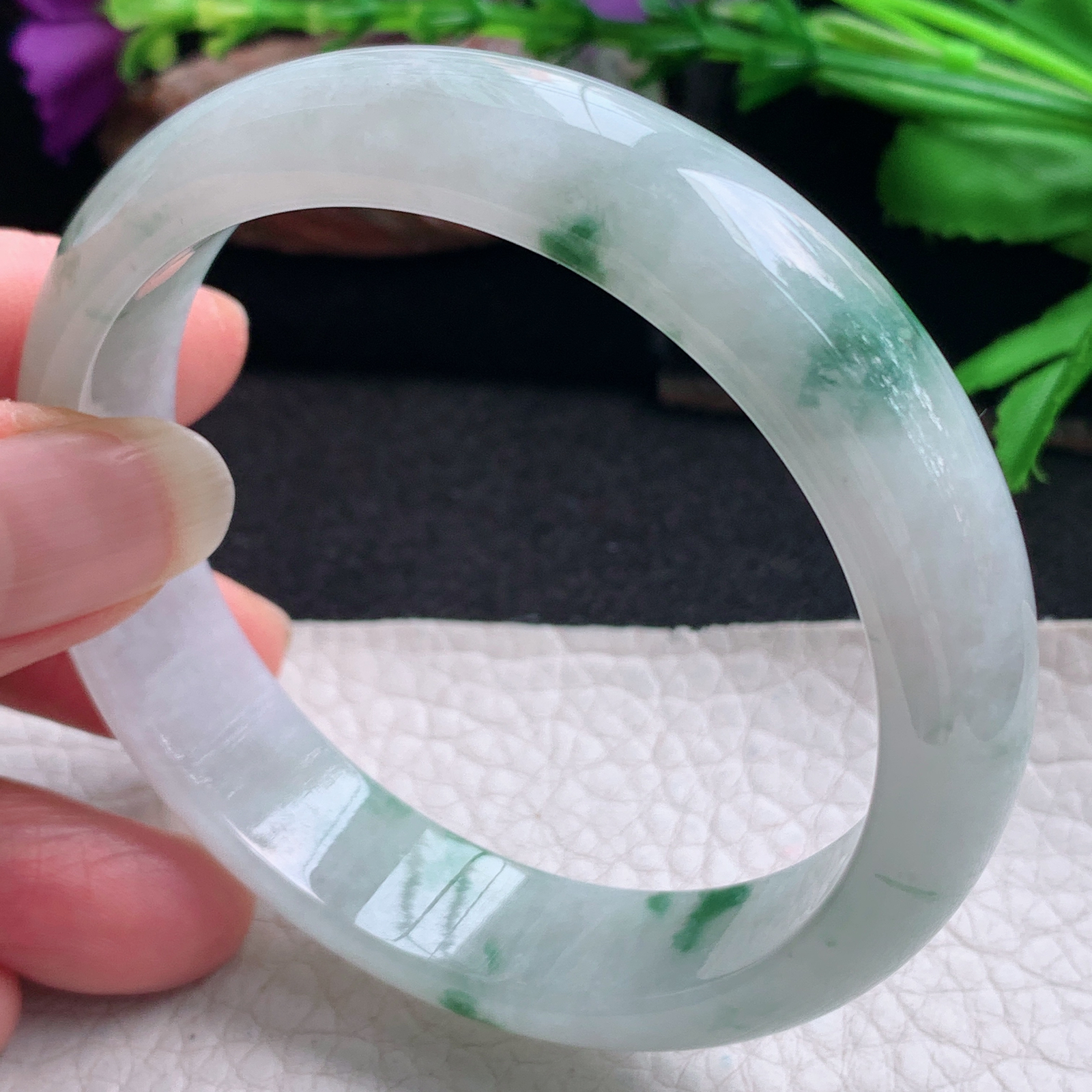 ee实拍58*13.6*7.2平安镯 天然缅甸翡翠手镯飘花胶感正圈玉镯子