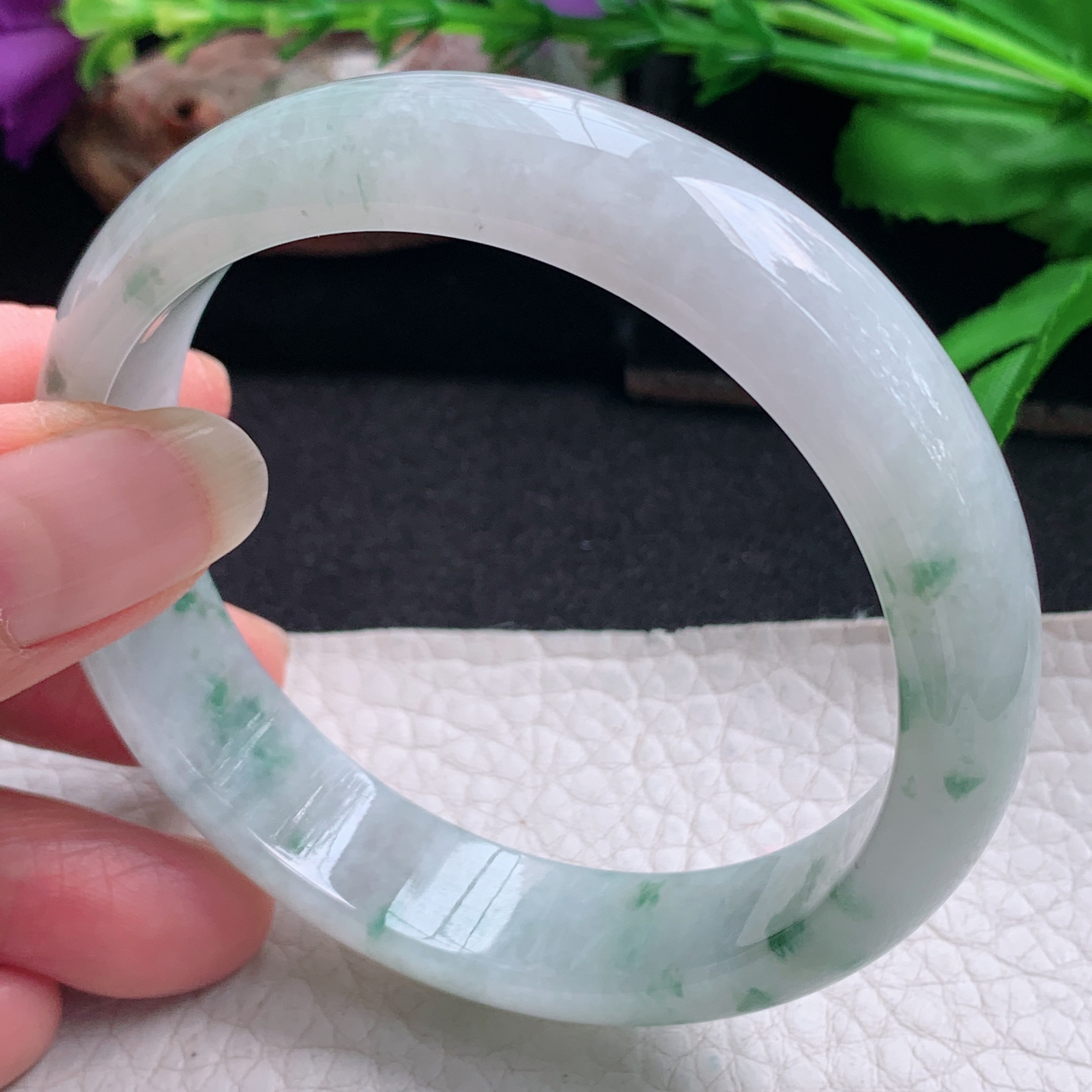 ee实拍58*13.6*7.2平安镯 天然缅甸翡翠手镯飘花胶感正圈玉镯子