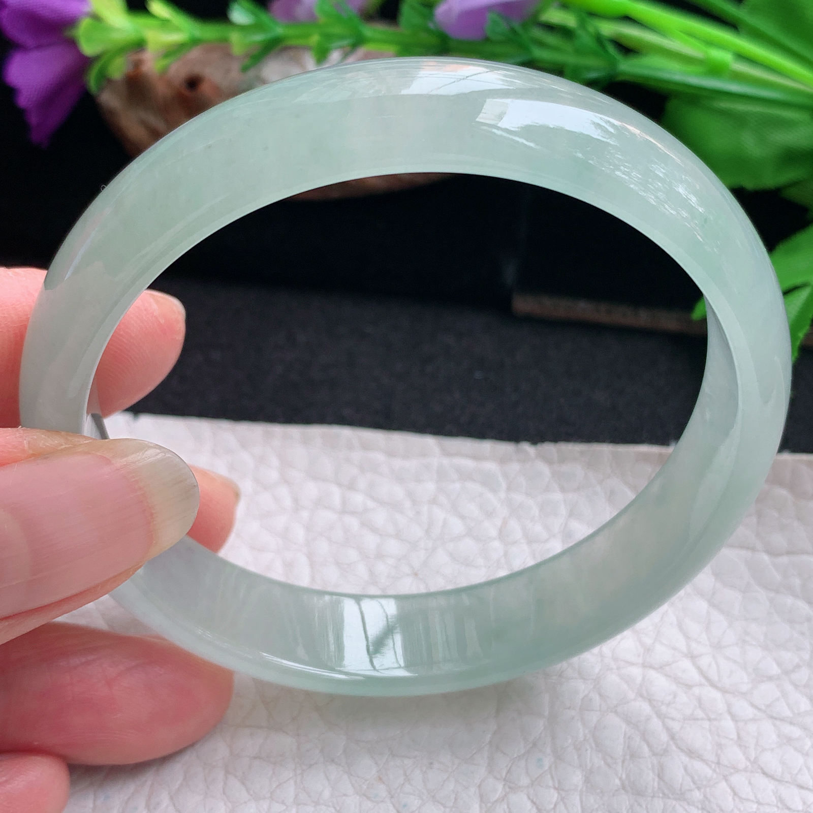 js实拍58.5*13*6平安镯 天然缅甸翡翠手镯冰透晴美正圈玉镯子