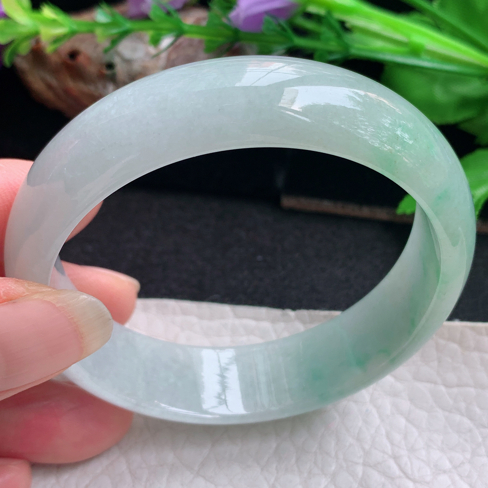 js实拍55.5*15.5*6.8招财轮胎镯 天然缅甸翡翠手镯半山水胶感正圈玉镯子