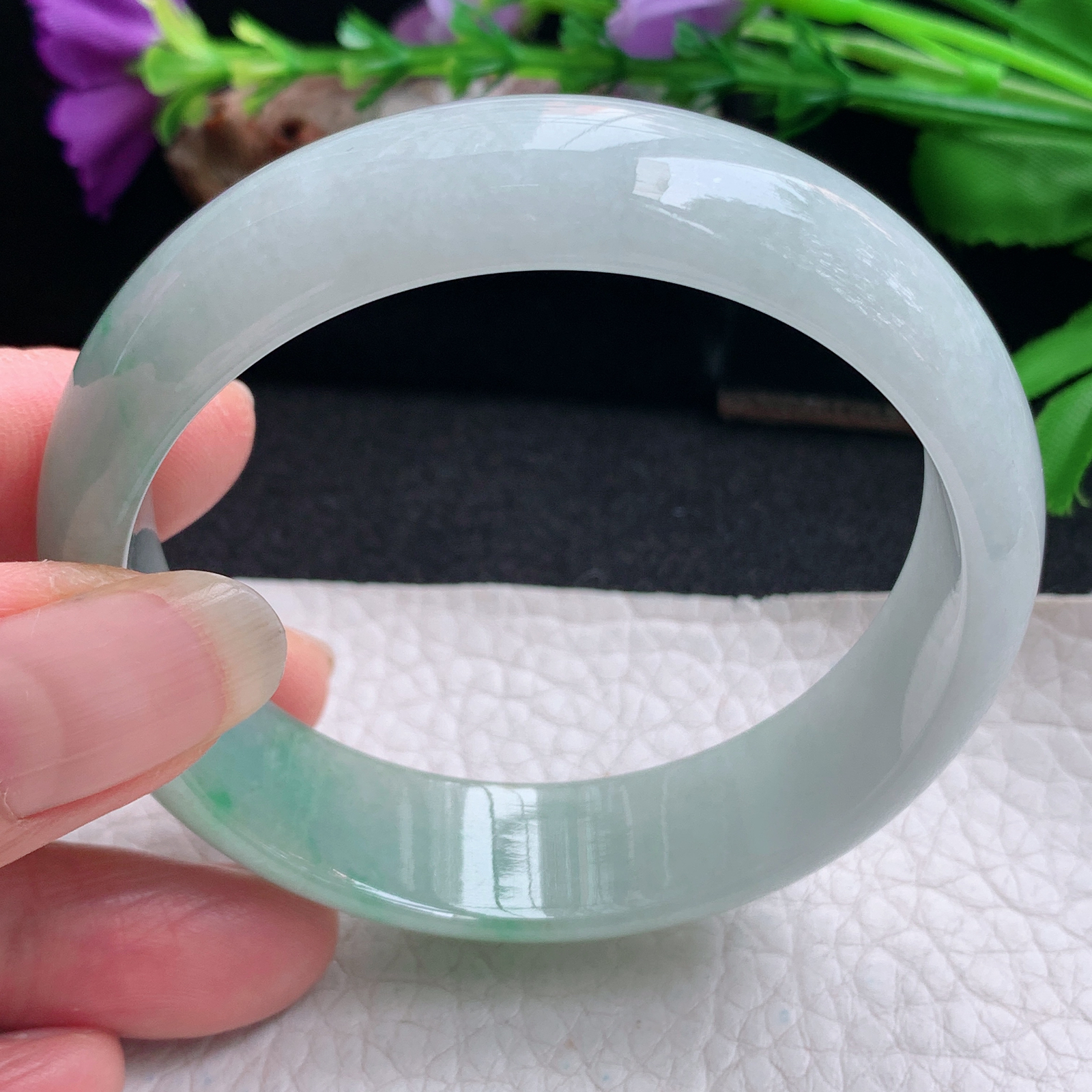 js实拍55.5*15.5*6.8招财轮胎镯 天然缅甸翡翠手镯半山水胶感正圈玉镯子