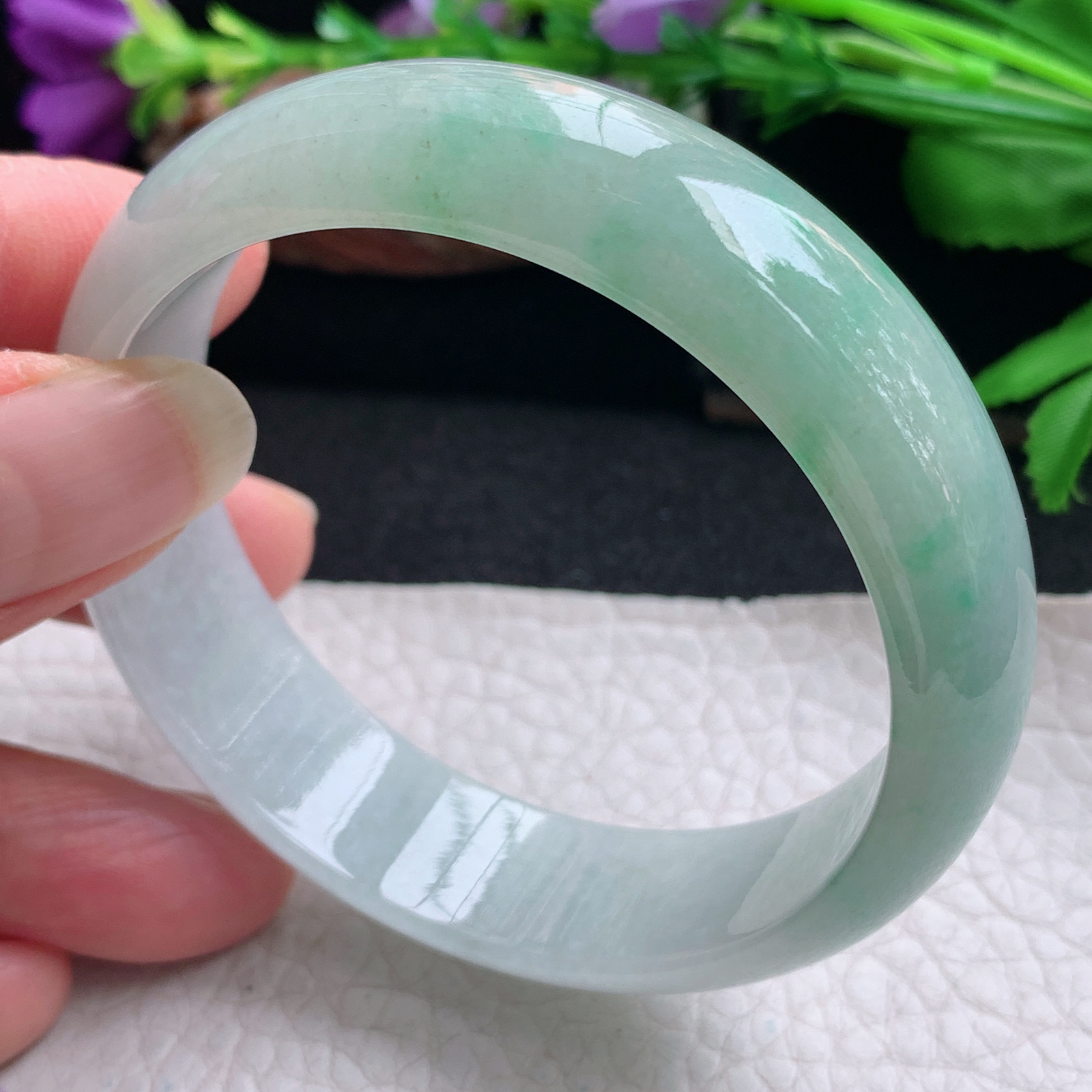 js实拍55.5*15.5*6.8招财轮胎镯 天然缅甸翡翠手镯半山水胶感正圈玉镯子