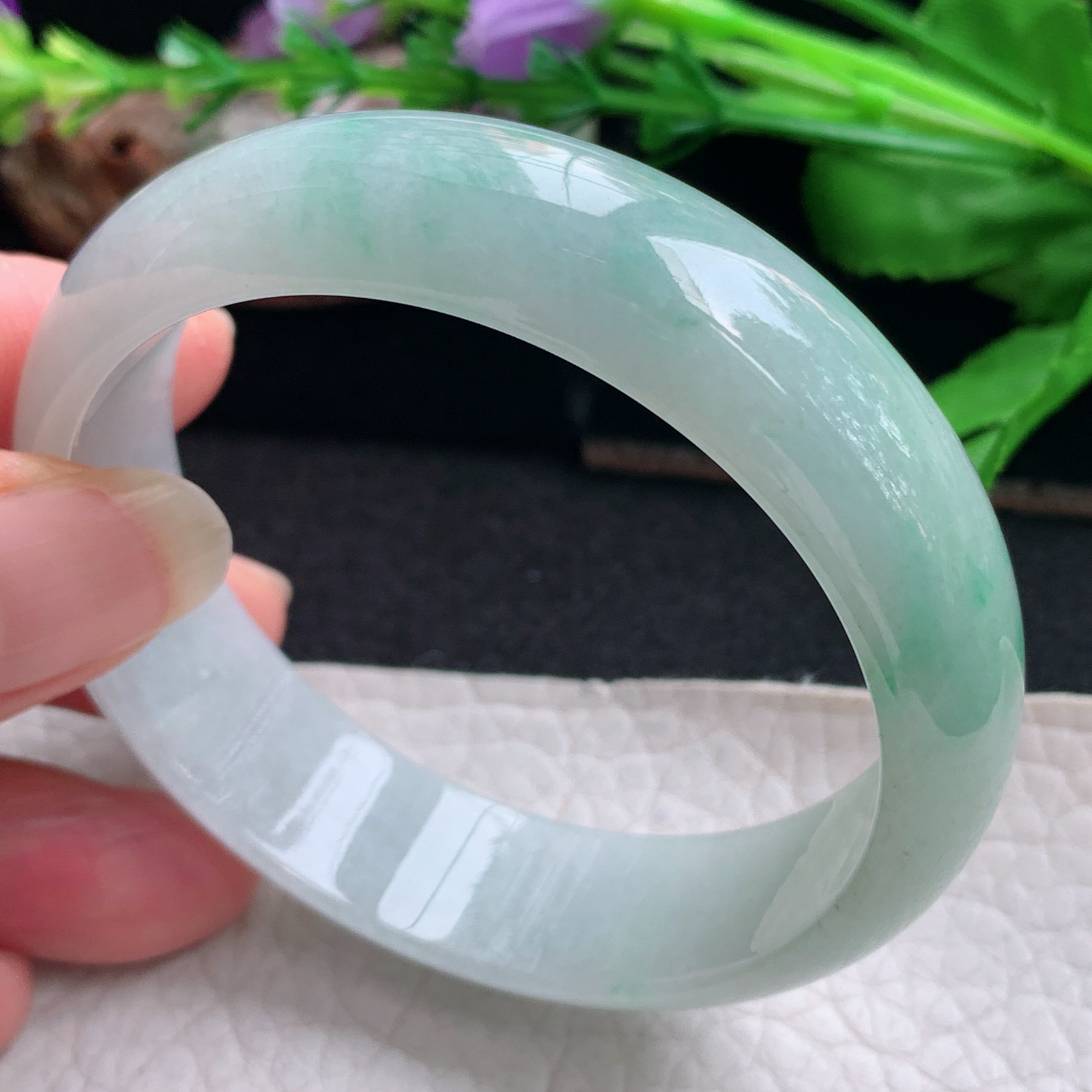 js实拍55.5*15.5*6.8招财轮胎镯 天然缅甸翡翠手镯半山水胶感正圈玉镯子