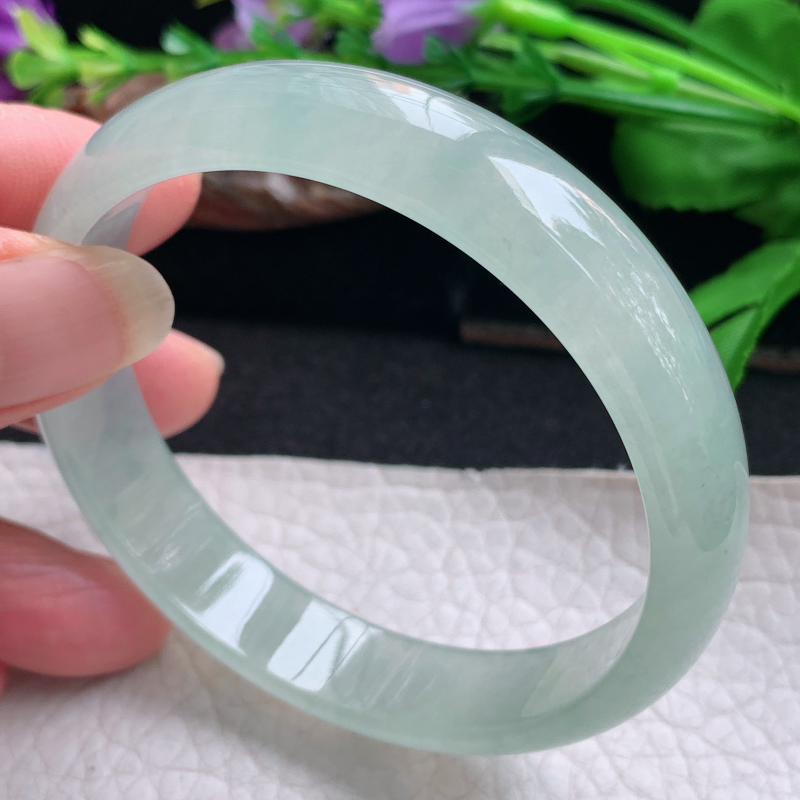 js实拍58.5*13*6平安镯 天然缅甸翡翠手镯冰透晴美正圈玉镯子