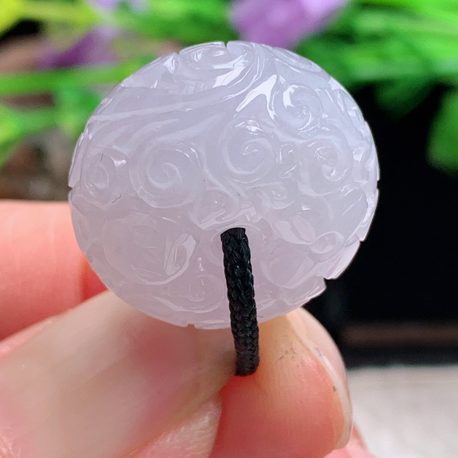 py实拍20.2*12.6缅甸翡翠淡紫底冰润面包扣 玉扣玉吊坠 玉挂件