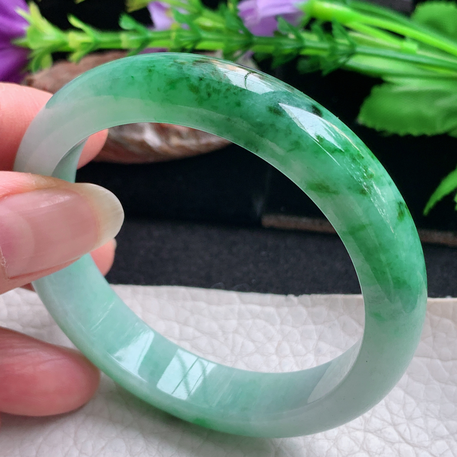 yh实拍54.5*12.2*7.5平安镯 天然缅甸翡翠手镯辣绿正圈玉镯子