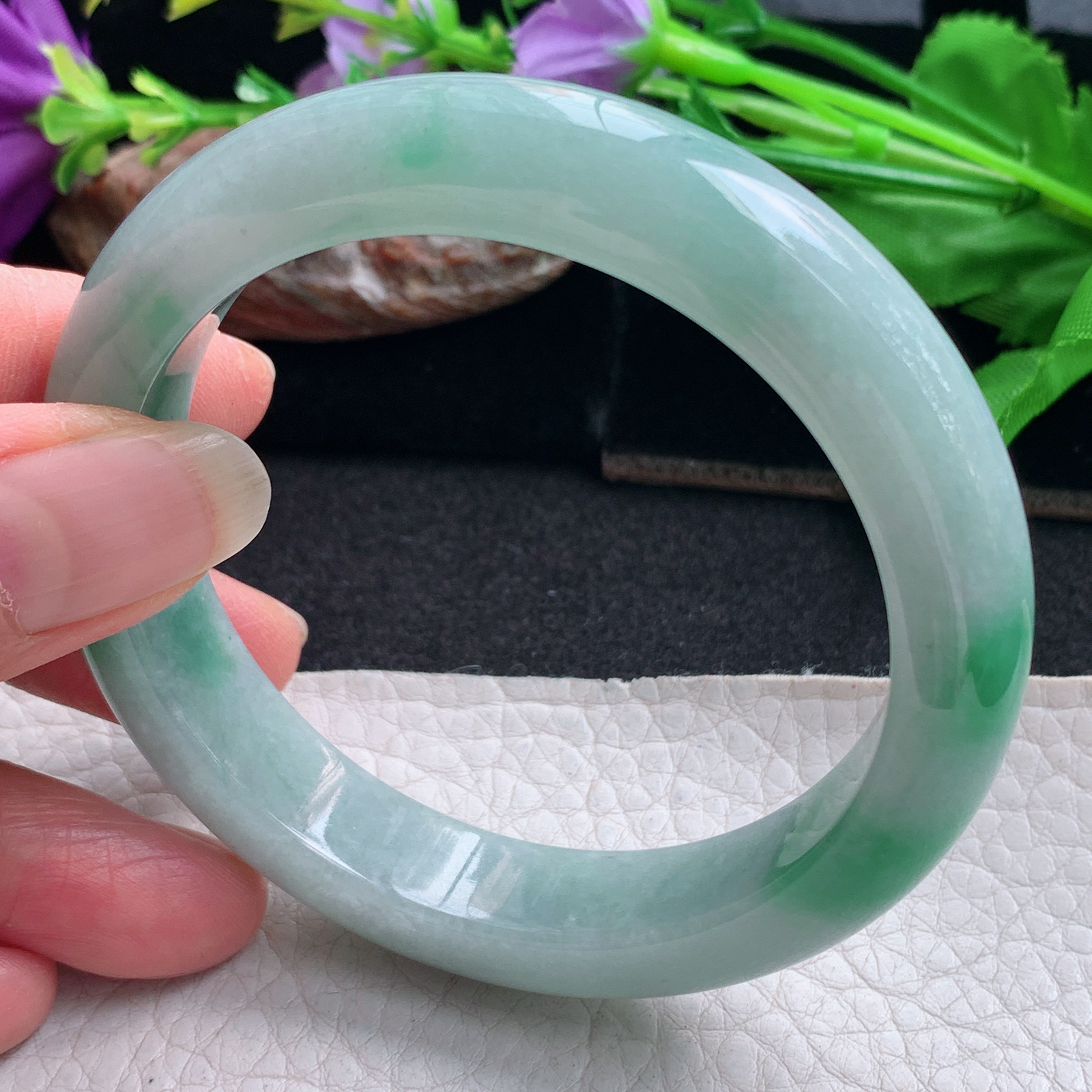 nr实拍58*12.2*8.8平安镯 天然缅甸翡翠手镯飘绿花胶感正圈玉镯子